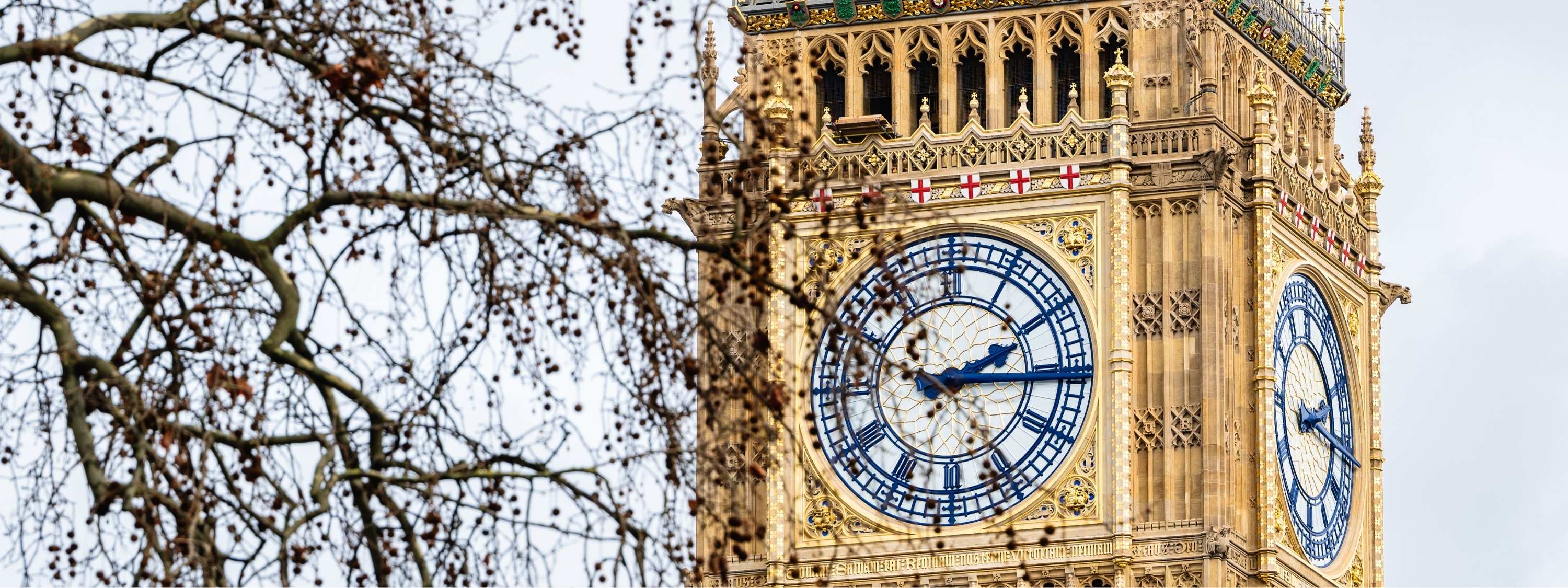 Big Ben framed by winter tree branches in Westminster, London, showcasing the restored clock tower's intricate Gothic architecture, photographed by Abigail Diane Photography.