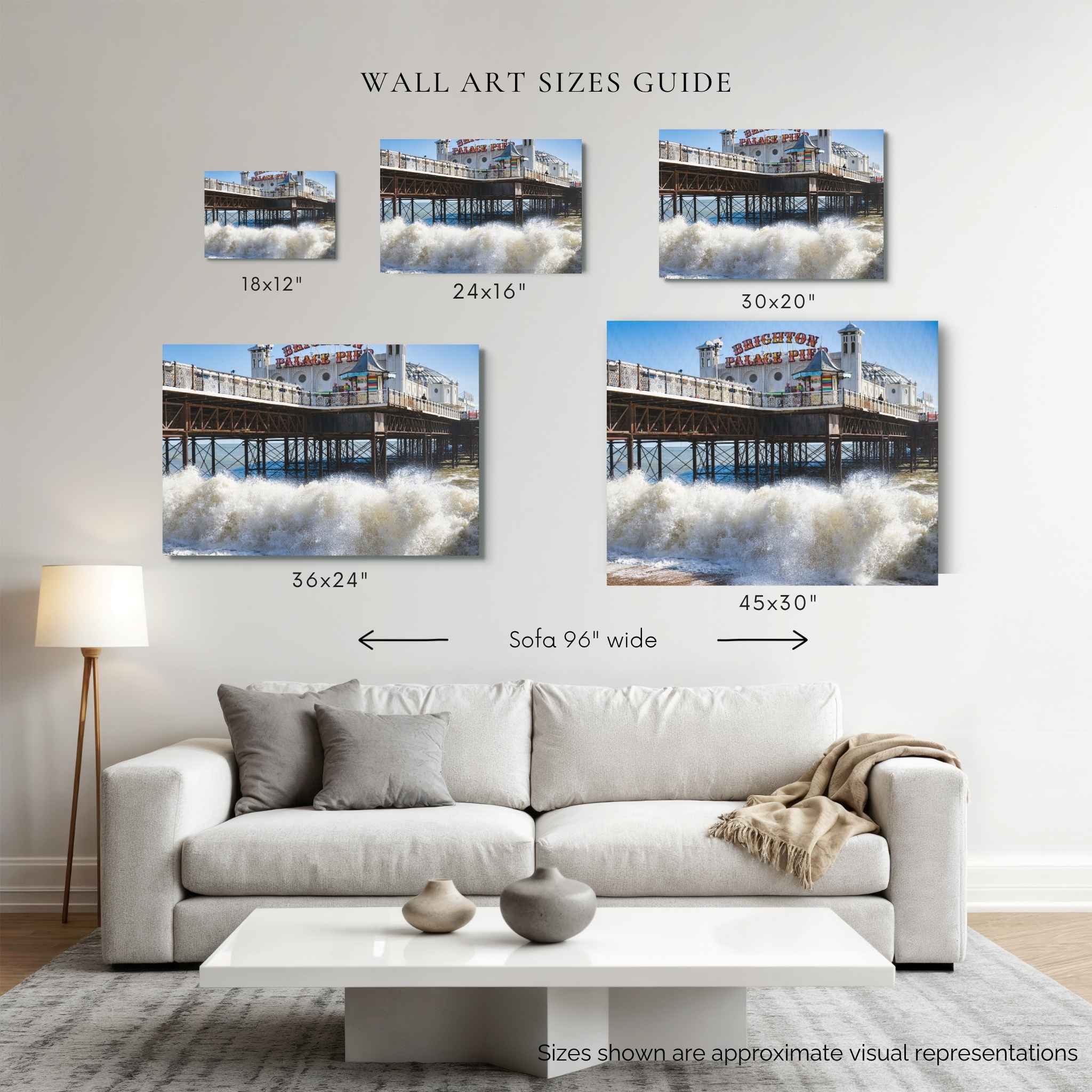 Wall art size guide showing Brighton Palace Pier displayed above a 96-inch sofa in 18 × 12, 24 × 16, 30 × 20, 36 × 24, and 45 × 30 inch canvas sizes by Abigail Diane Photography.