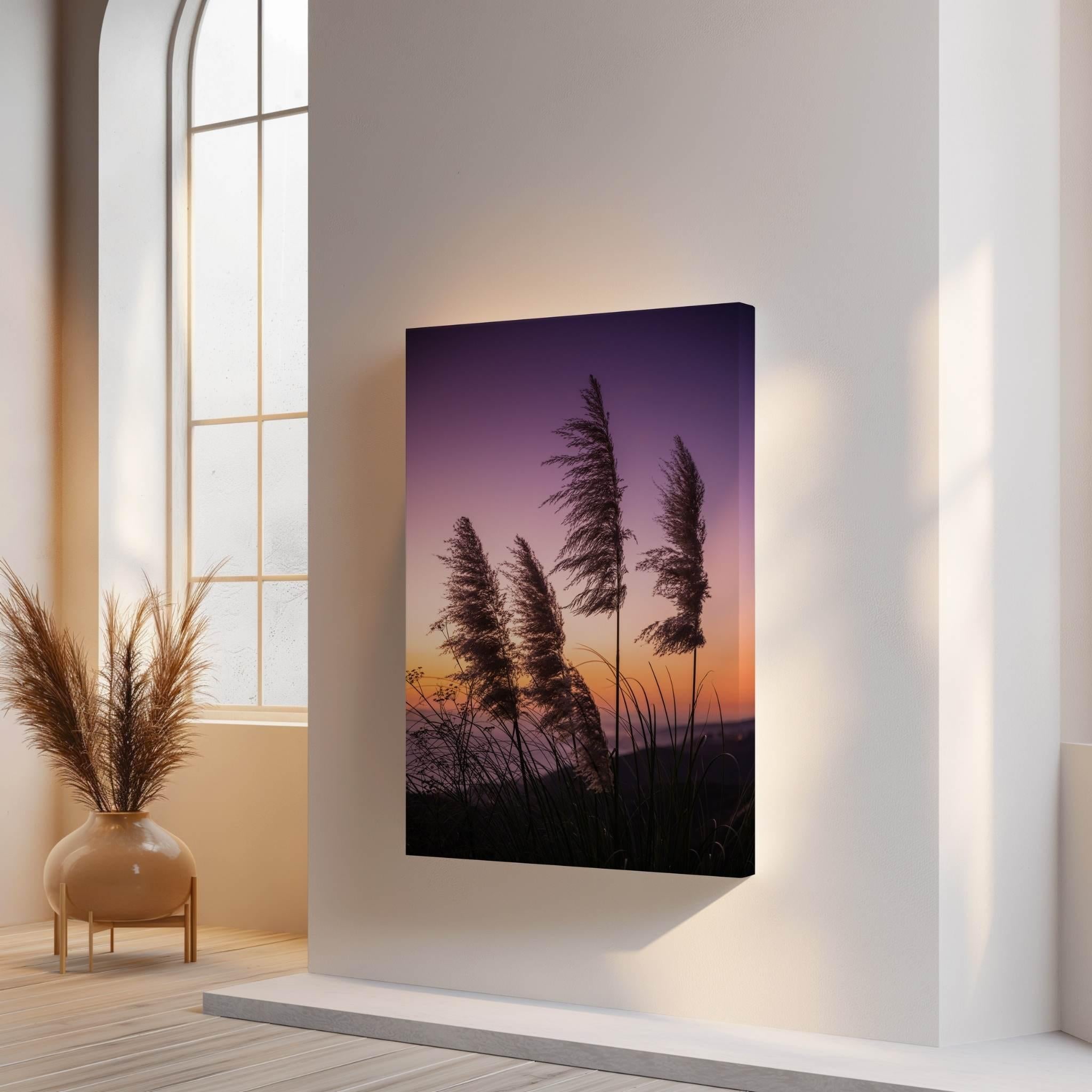 California coastal pampas grass sunset canvas print by Abigail Diane Photography displayed in a modern coastal interior with warm evening light, soft neutral décor, and elegant architectural details