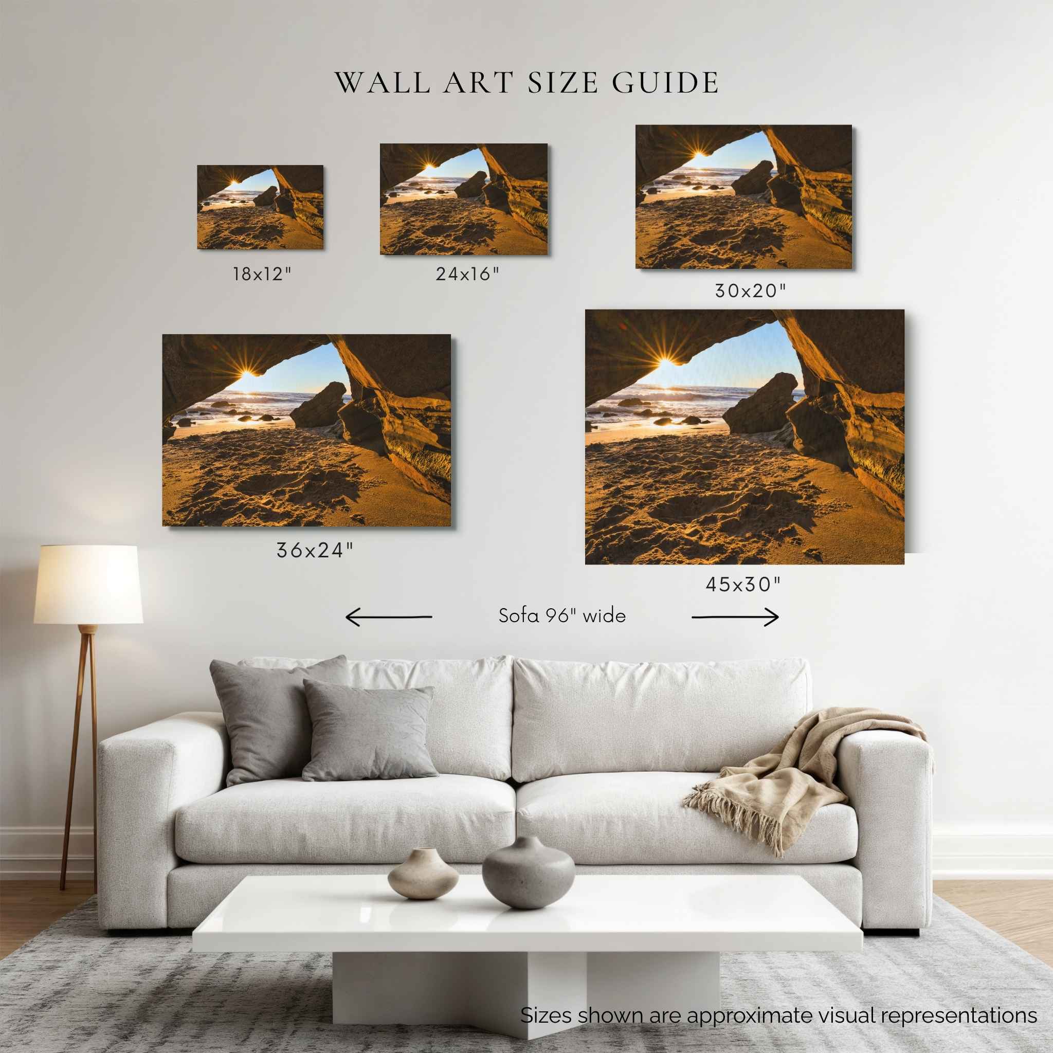 Wall art size guide showing Golden Hour Sunburst displayed above a 96-inch sofa in 18 × 12, 24 × 16, 30 × 20, 36 × 24, and 45 × 30 inch canvas sizes by Abigail Diane Photography.