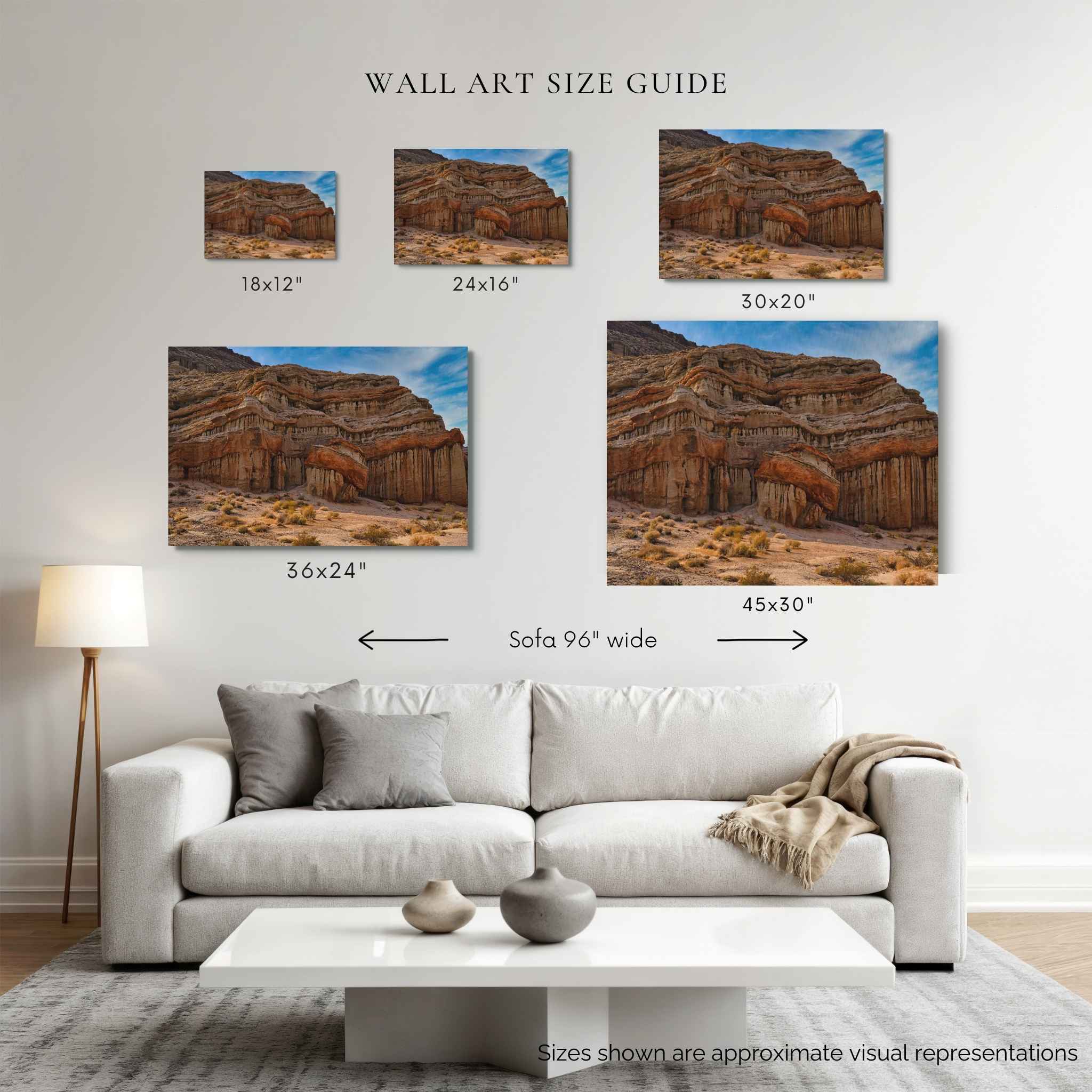 Wall art size guide showing Red Rock Canyon Park displayed above a 96-inch sofa in 18 × 12, 24 × 16, 30 × 20, 36 × 24, and 45 × 30 inch canvas sizes by Abigail Diane Photography.