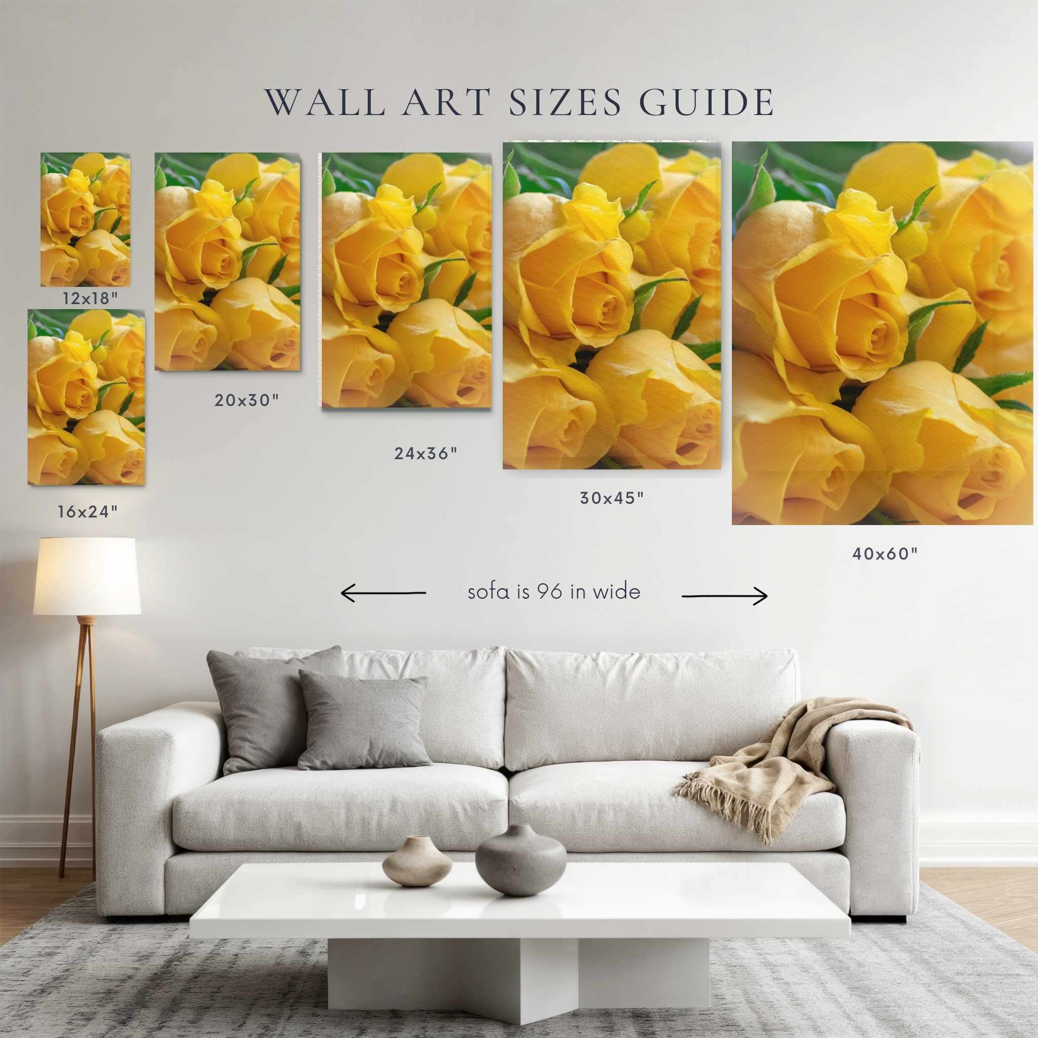Sunlit petal Reverie yellow roses canvas wall art size guide by Abigail Diane Photography showing fine art print, canvas, framed print and metal print sizes above a 96-inch sofa for scale.