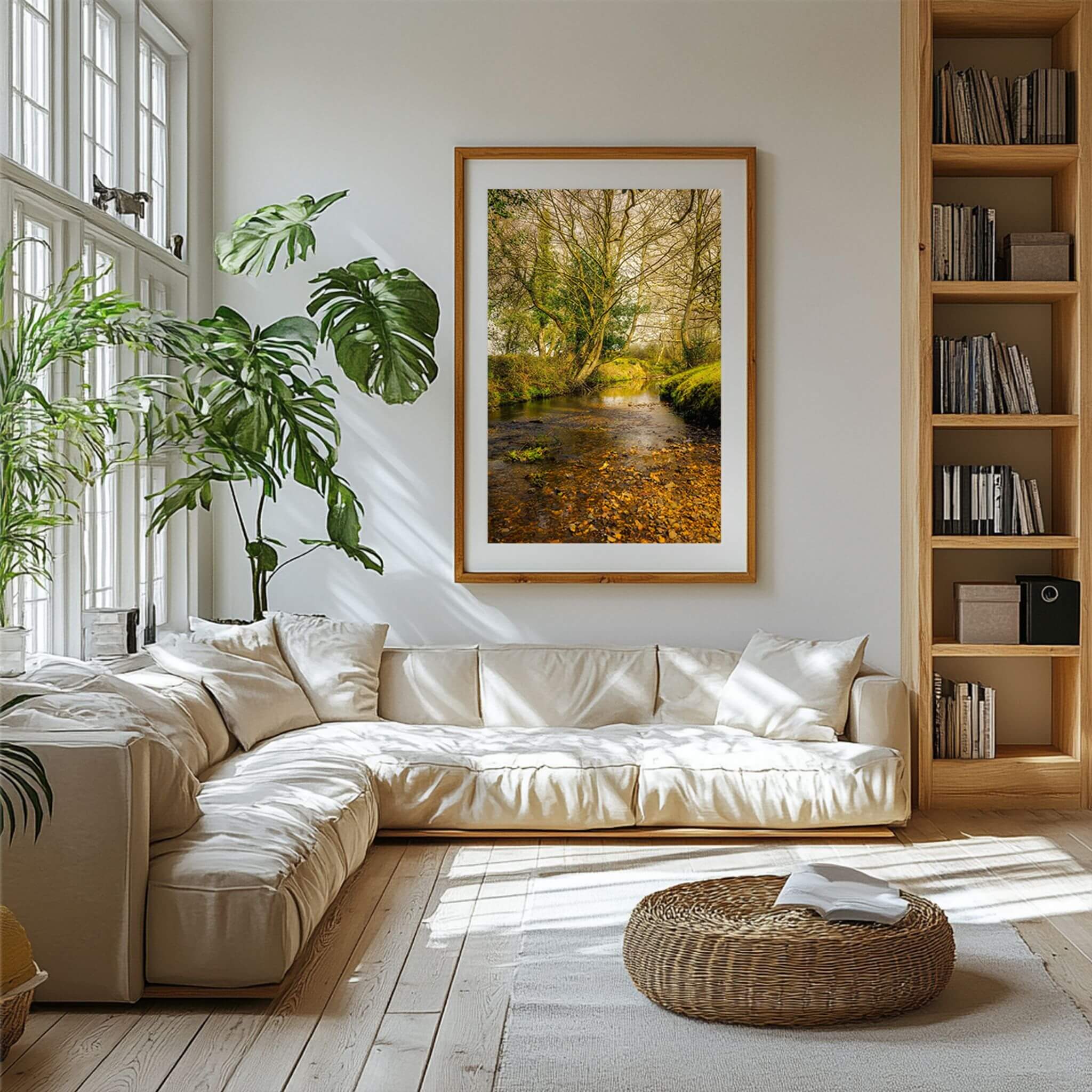 A Lazy Creek in the New Forest fine art print displayed above a cream sofa in a bright living room with natural wood and greenery.