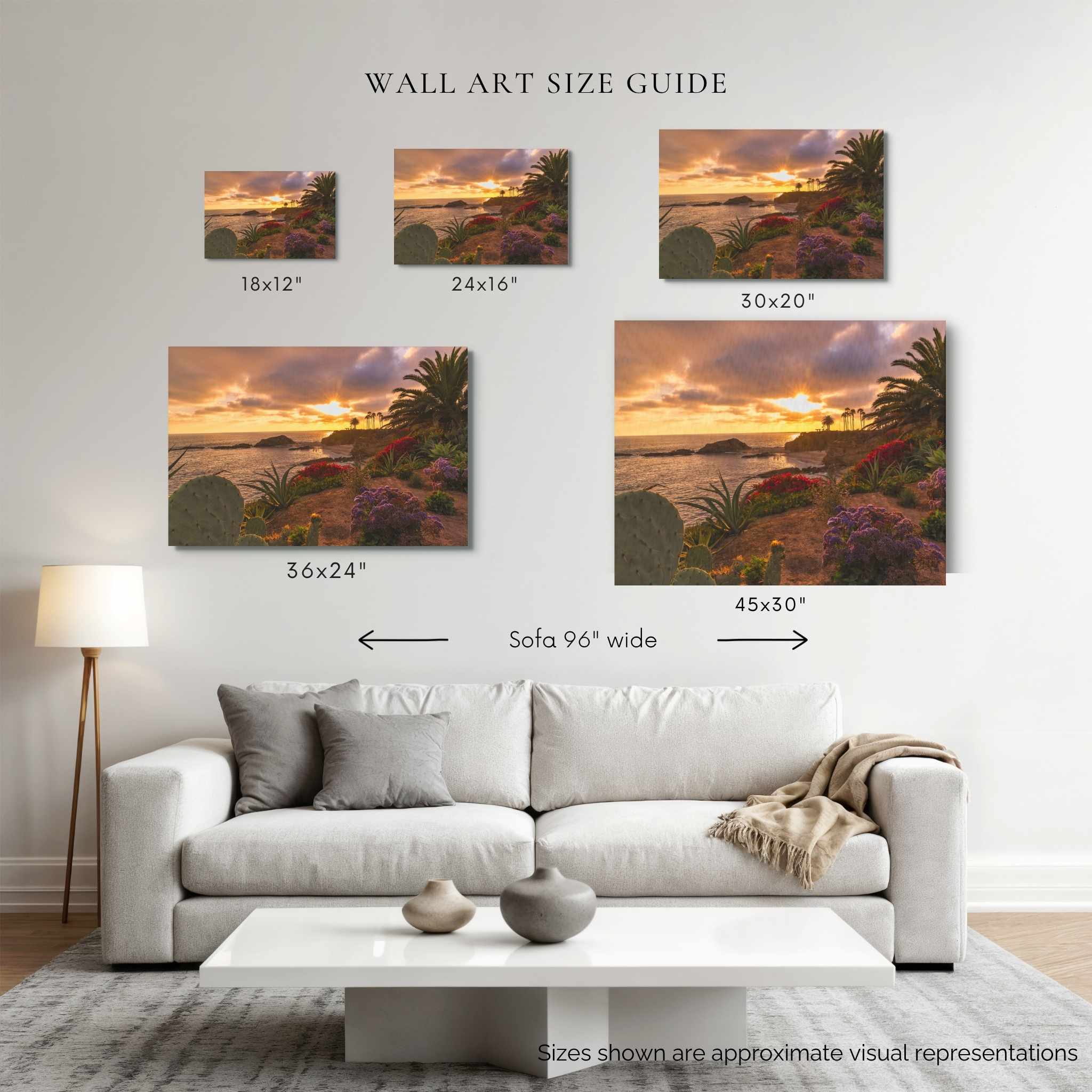 Wall art size guide showing basking-in-the-golden-sunset wall art displayed above a 96-inch sofa in 18 × 12, 24 × 16, 30 × 20, 36 × 24, and 45 × 30 inch canvas sizes by Abigail Diane Photography.