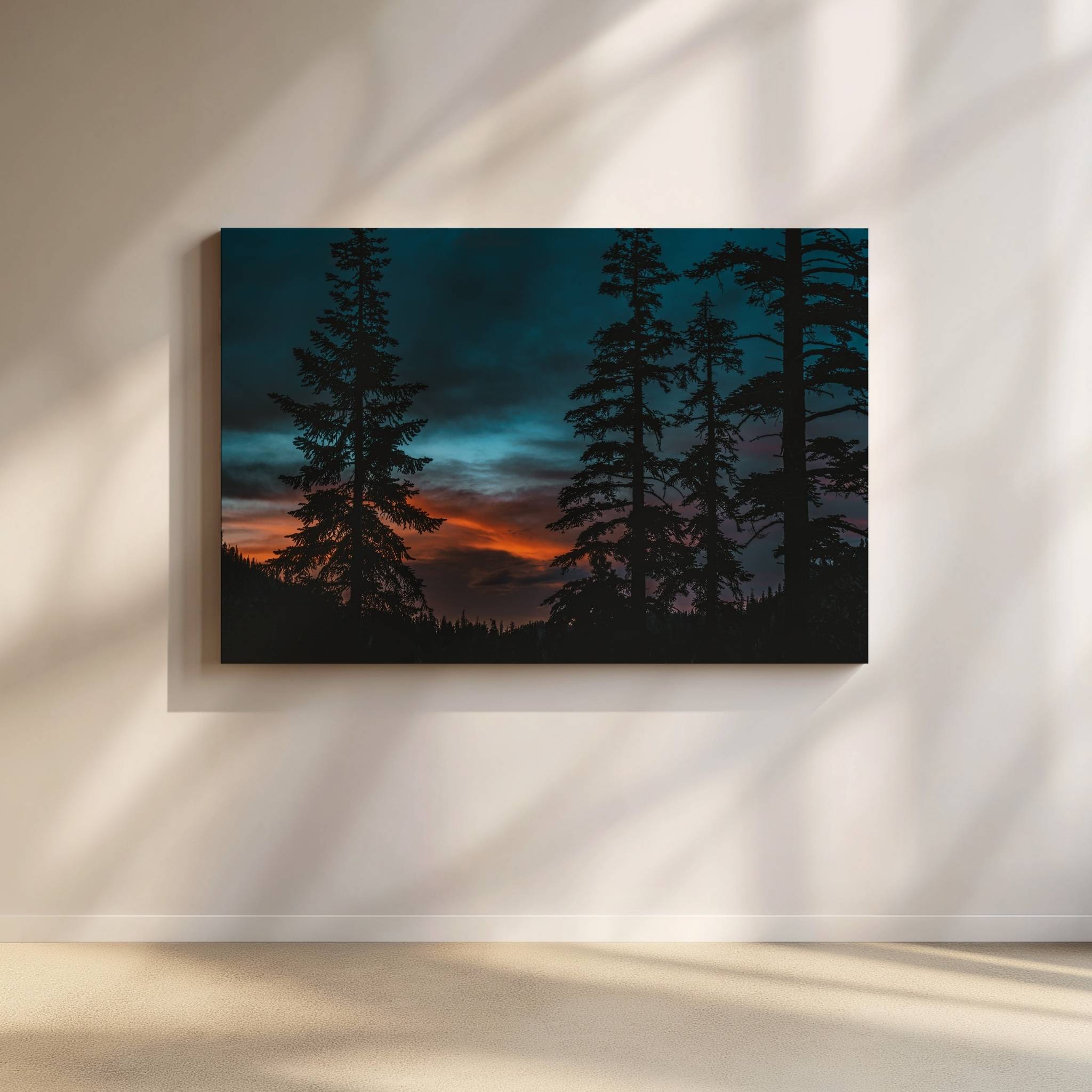 Blue Hour Among the Pines forest wall art featuring towering pine tree silhouettes against a deep blue hour sky with glowing orange and crimson sunset light. This tranquil fine art landscape photograph captures the peaceful beauty of California's mountain wilderness by Abigail Diane Photography.
