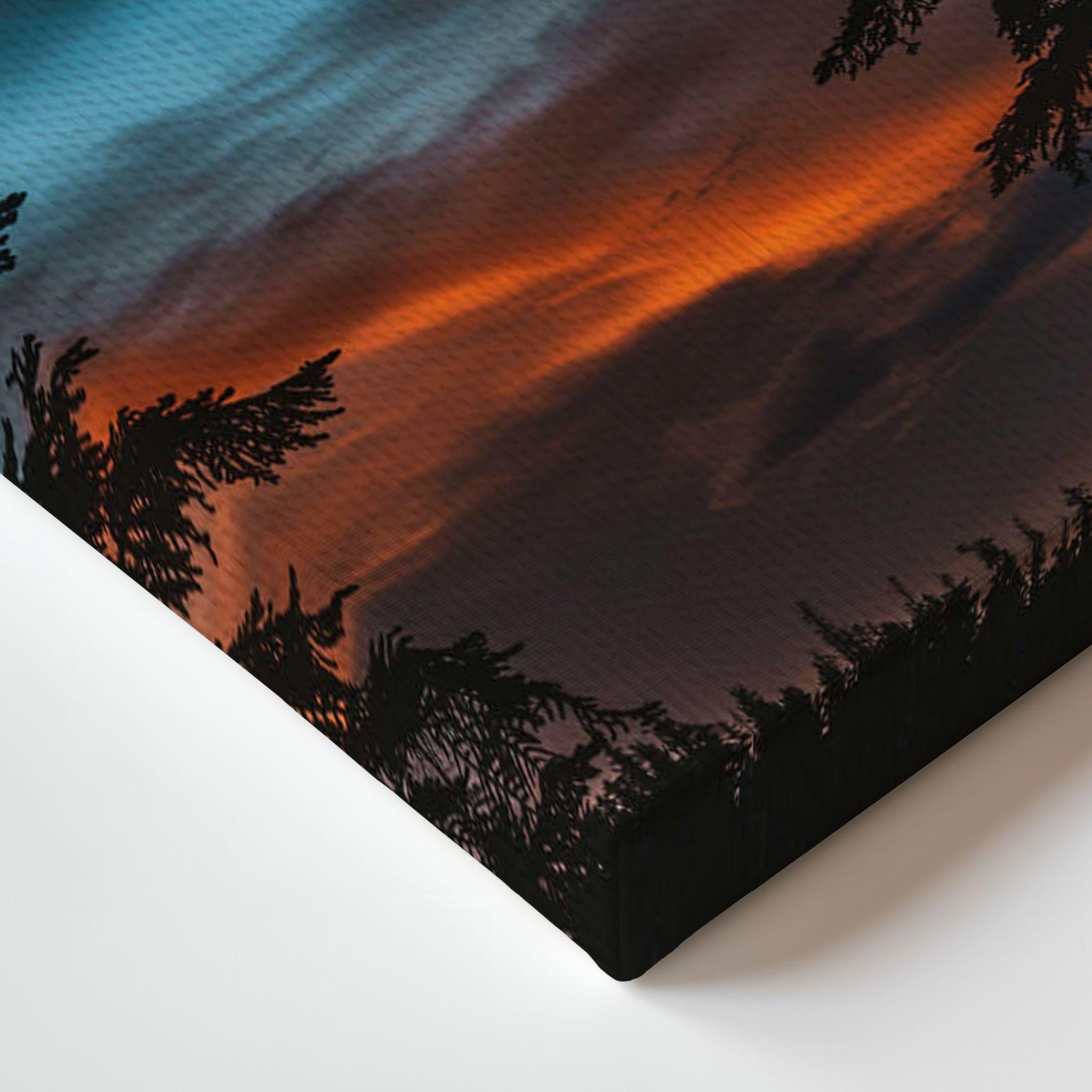 Close-up of Blue Hour Among the Pines gallery-wrapped canvas corner showing wrapped edges with blue hour mountain sunset colours in Mammoth Lakes, California
