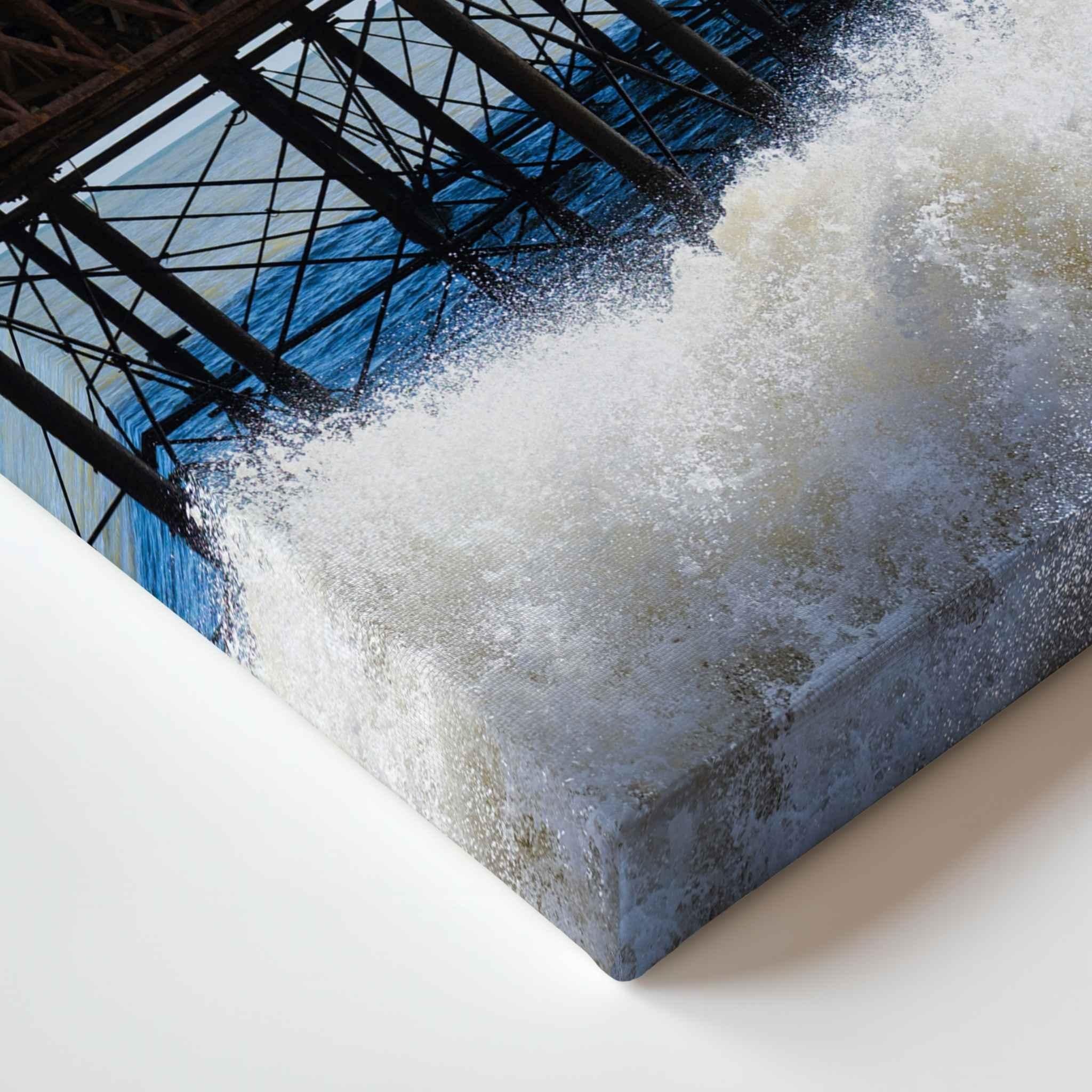 Close-up of Brighton Palace Pier gallery-wrapped canvas corner featuring powerful waves crashing beneath Brighton Palace Pier in Brighton, East Sussex, England by Abigail Diane Photography.