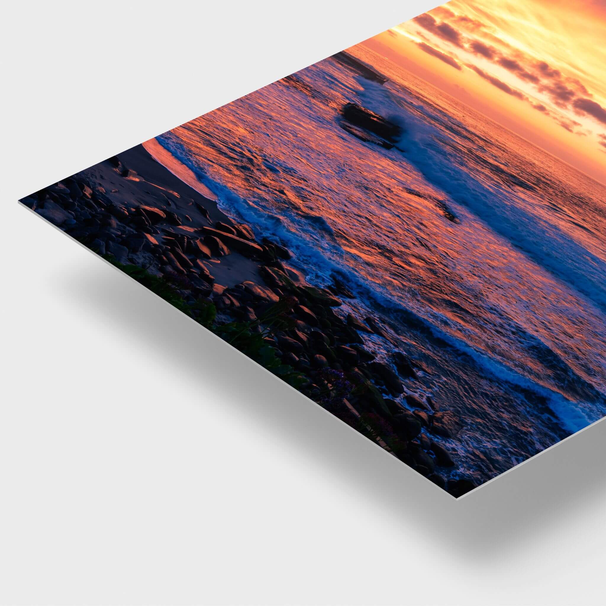 Candy Floss Sunset HD metal print detail featuring a colorful Laguna Beach sunset with pink, peach and blue tones over the Pacific Ocean.