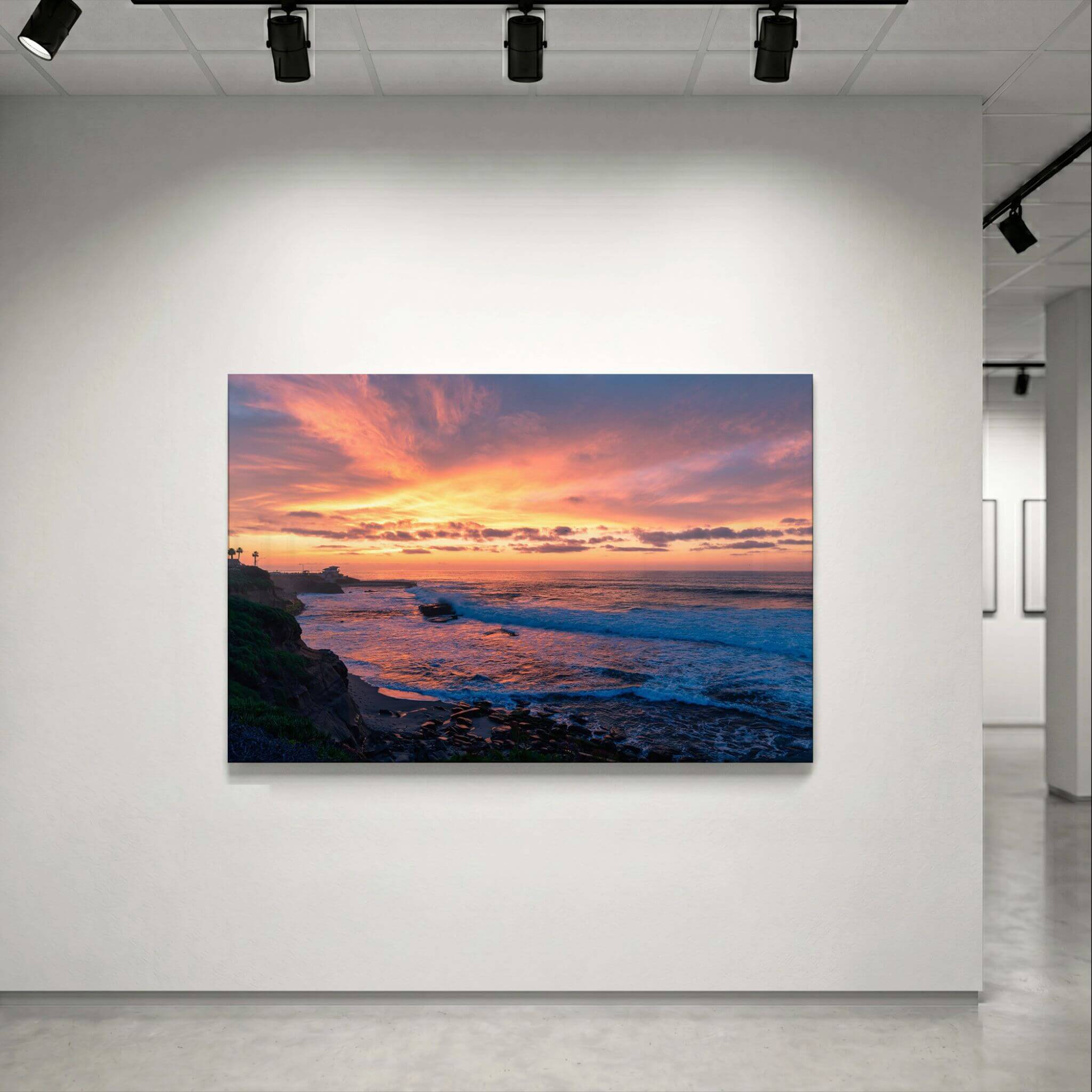 Candy Floss Sunset hight-definition metal print displayed on a contemporary gallery wall, featuring a colorful Laguna Beach coastal sunset.