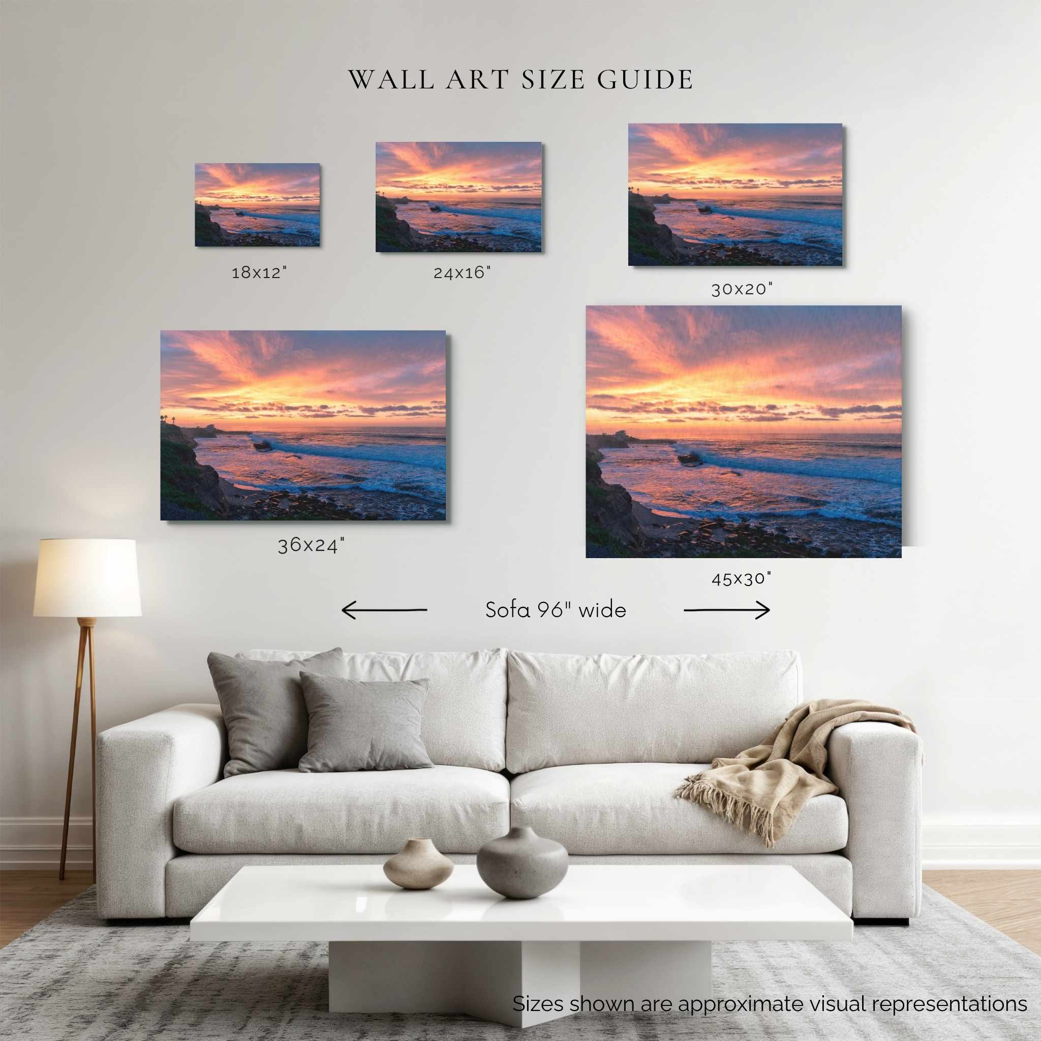 Wall art size guide showing Candy Floss Sunset displayed above a 96-inch sofa in 18 × 12, 24 × 16, 30 × 20, 36 × 24, and 45 × 30 inch canvas sizes by Abigail Diane Photography.