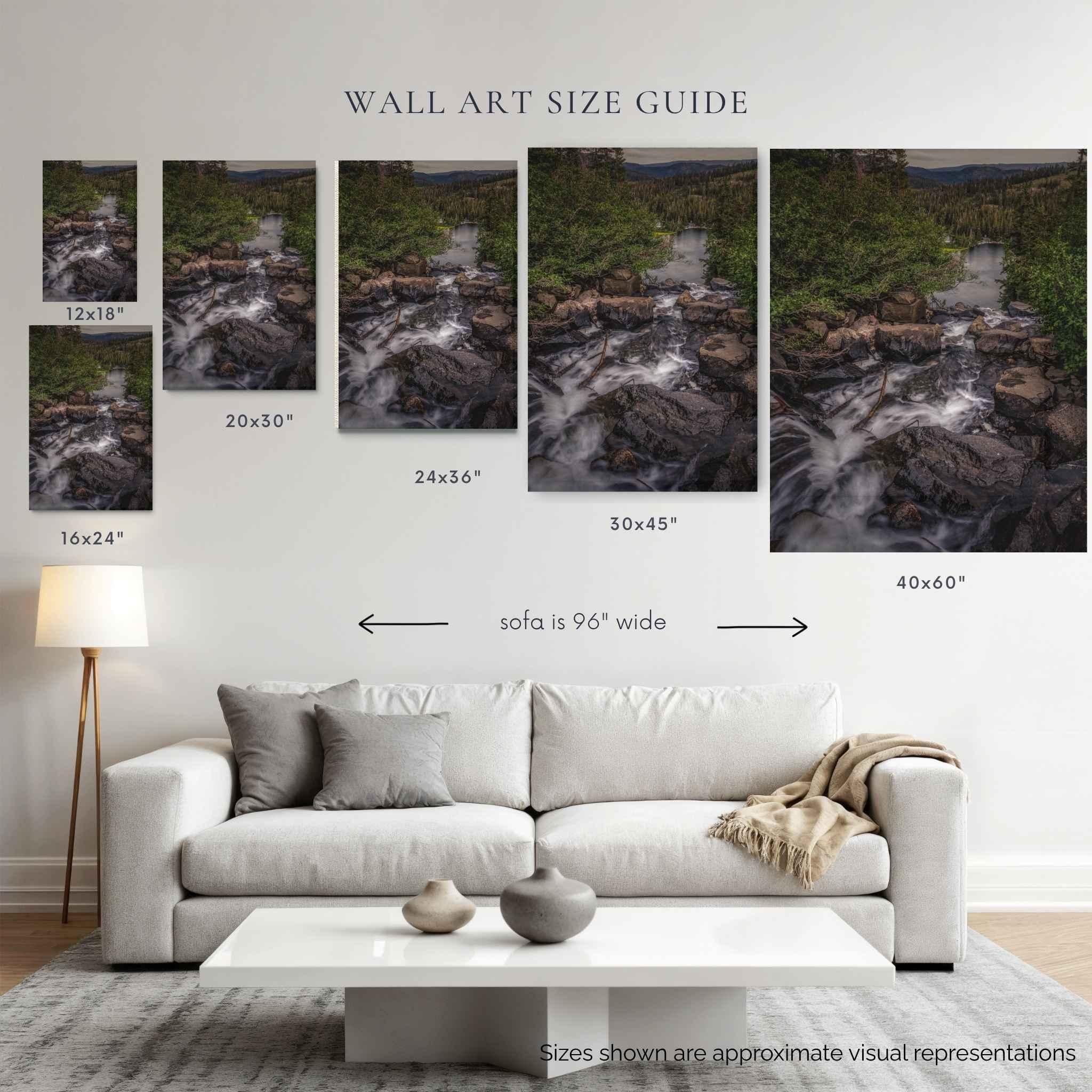 Wall art size guide for Cascading into Stillness canvas print, showing 12x18, 16x24, 20x30, 24x36, 30x45 and 40x60 inch sizes above a 96-inch sofa.