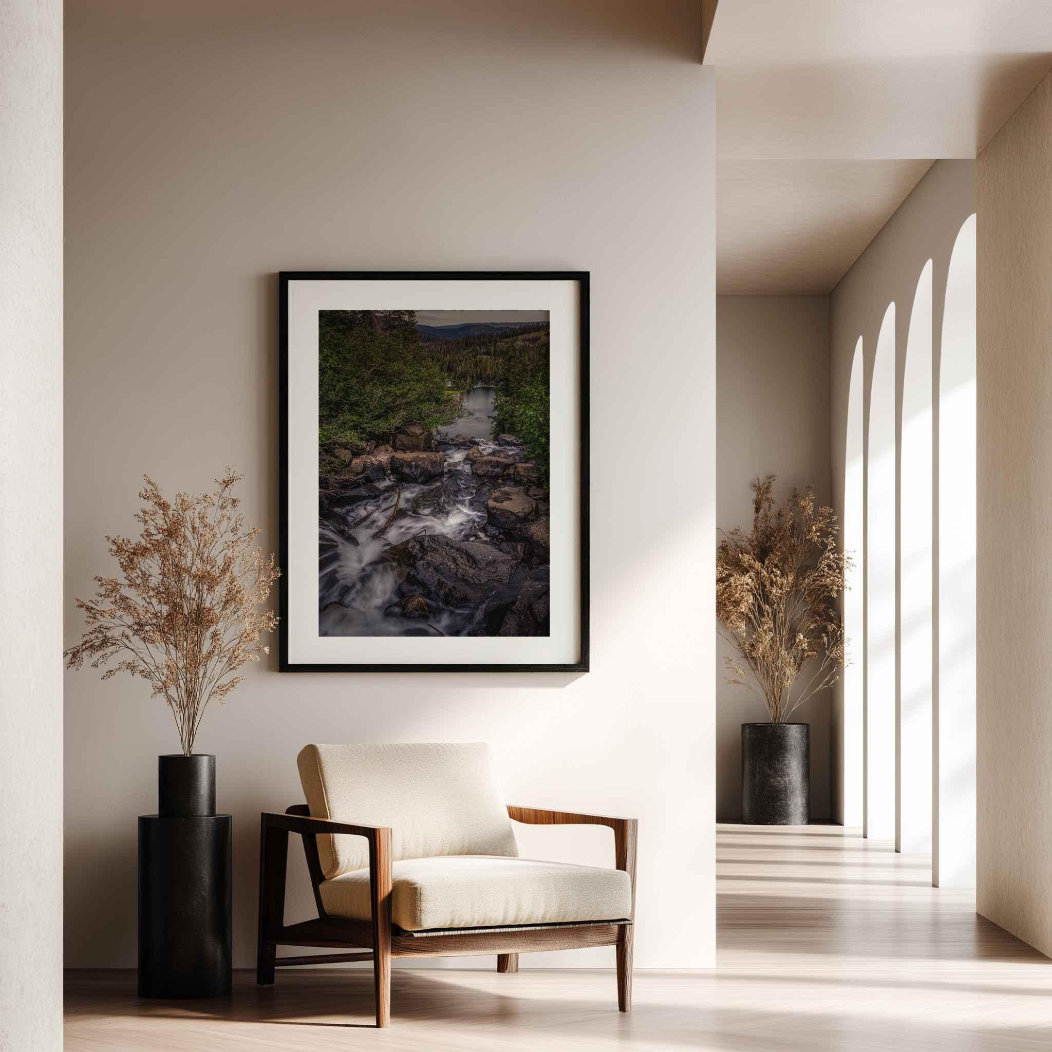Cascading Into Stillness framed fine art print of a cascading waterfall in Mammoth Lakes, California, displayed in a bright modern interior.