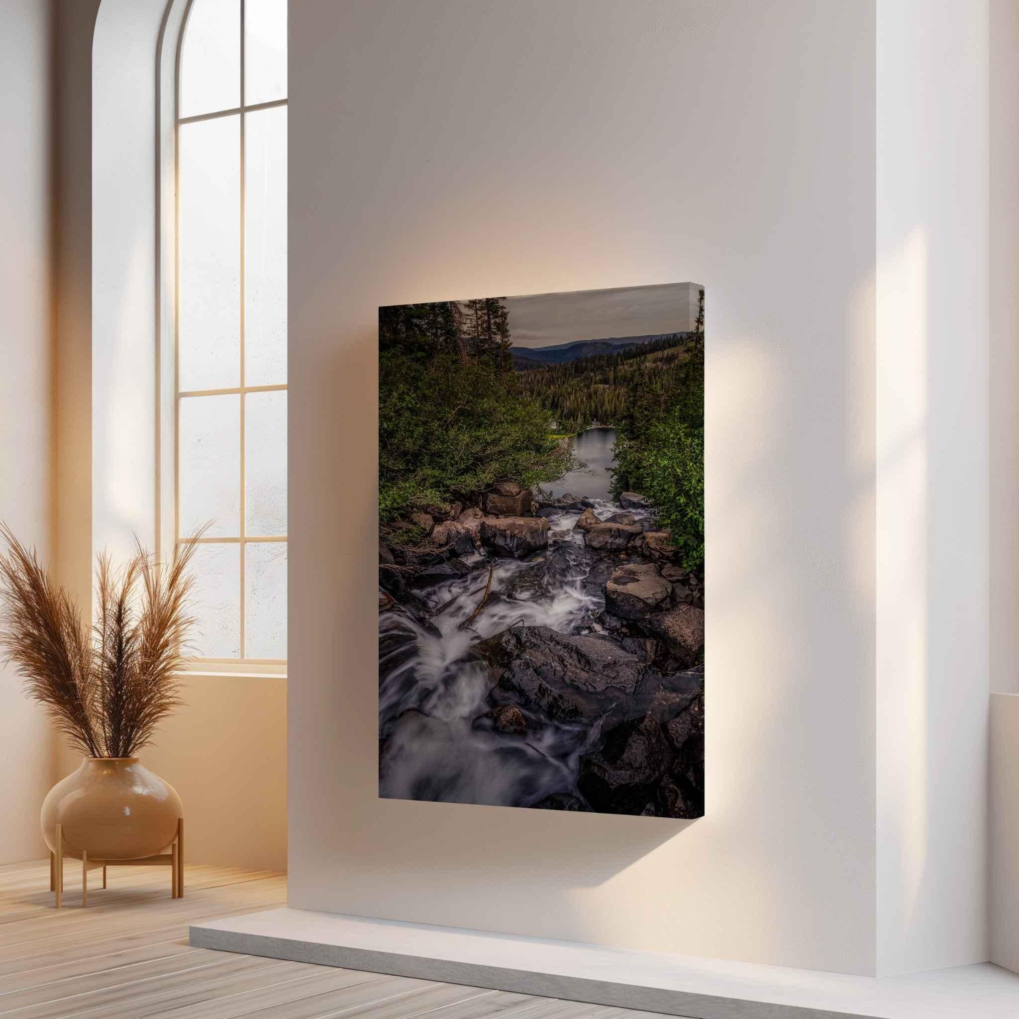 Cascading Into Stillness canvas print featuring Twin Falls near Mammoth Lakes, California, displayed in a warm rustic interior.