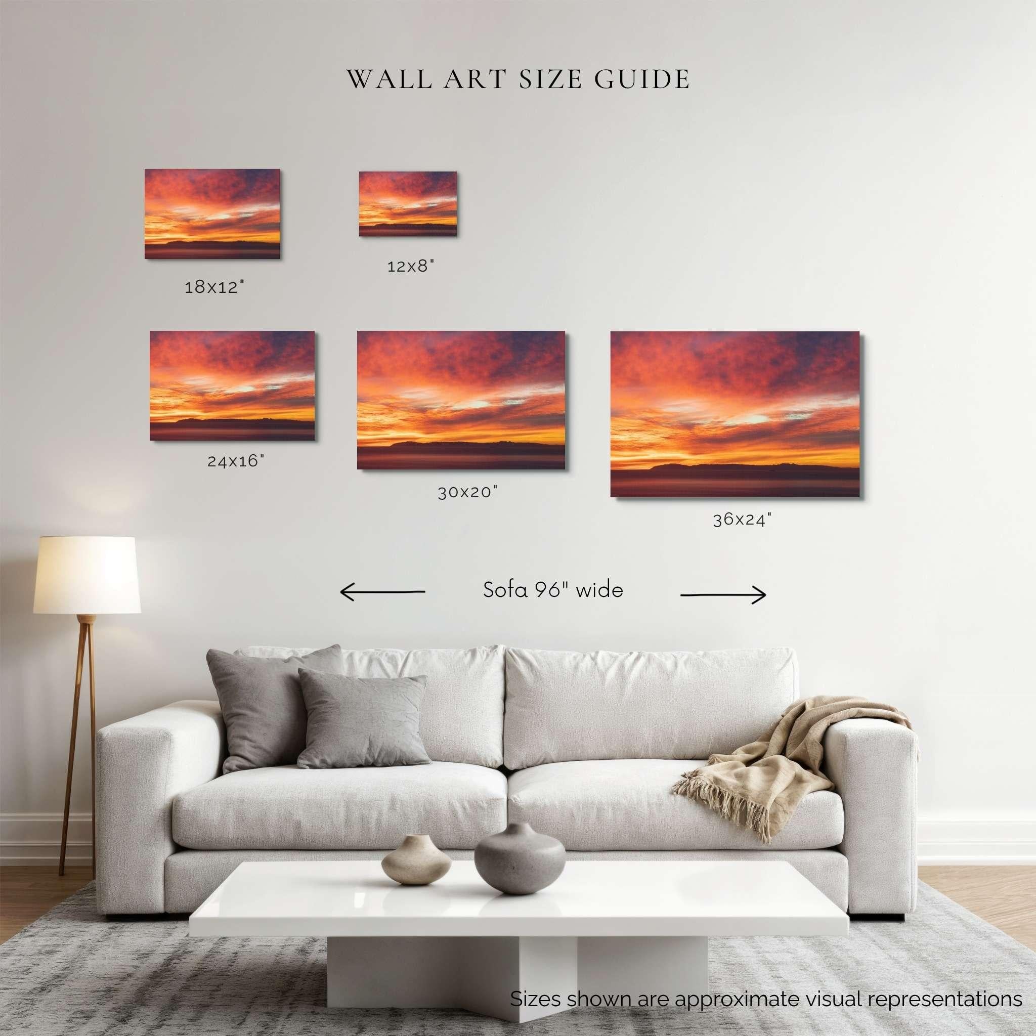 Wall art size guide for Catalina Beneath Crimson Skies fine art print showing 12x8, 18x12, 24x16, 30x20, and 36x24 print sizes above a 96-inch sofa for scale.