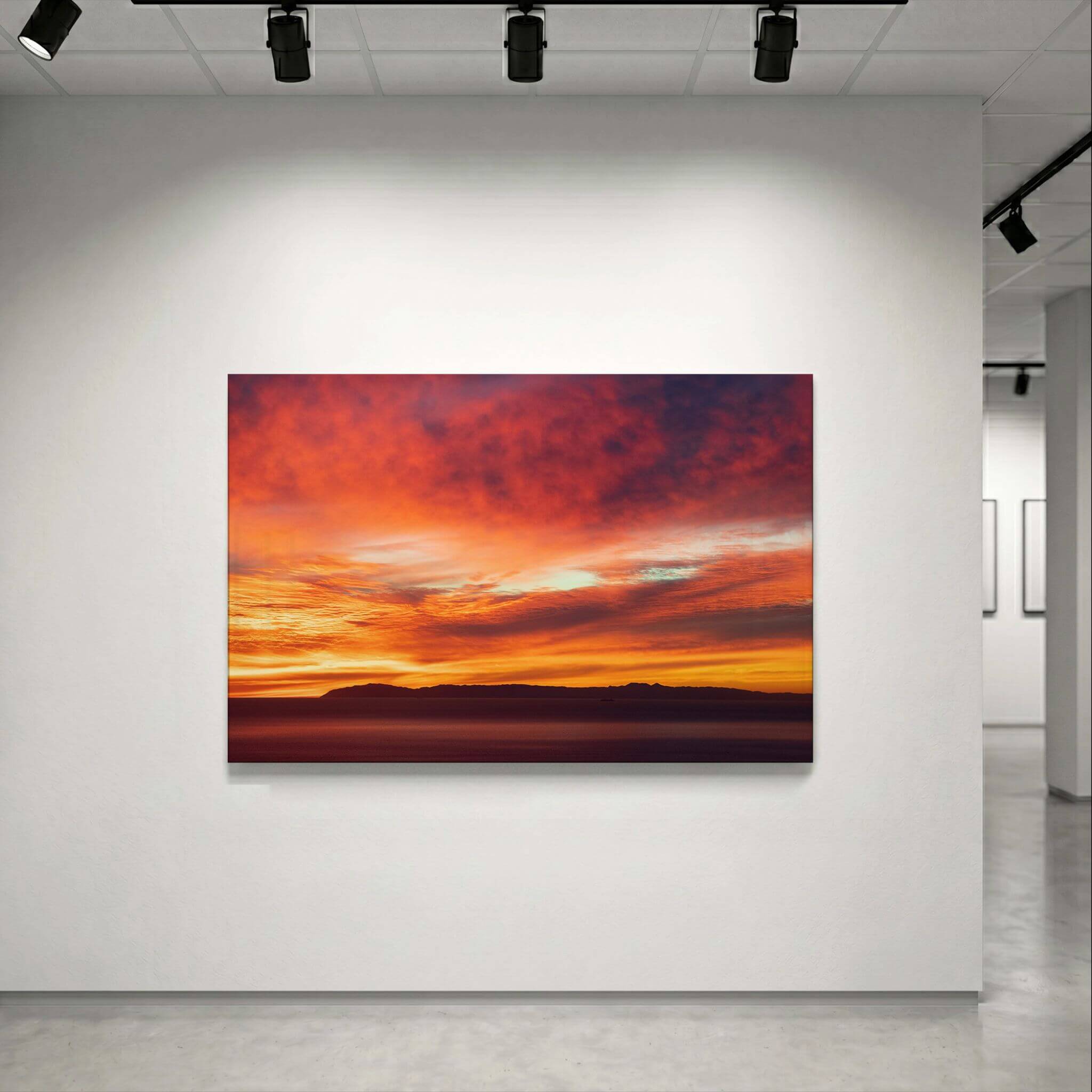 Catalina Beneath Crimson Skies metal print displayed on a minimalist gallery wall, highlighting the fiery sunset sky and Catalina Island silhouette. Photography by Abigail Diane Photography.