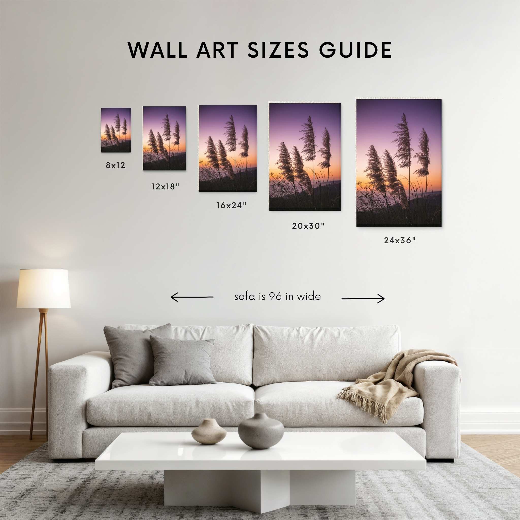 Coastal pampas grass sunset fine art print by Abigail Diane Photography displayed in a wall art size guide above a modern cream sofa, showcasing popular wall art sizes for home décor and interior design.