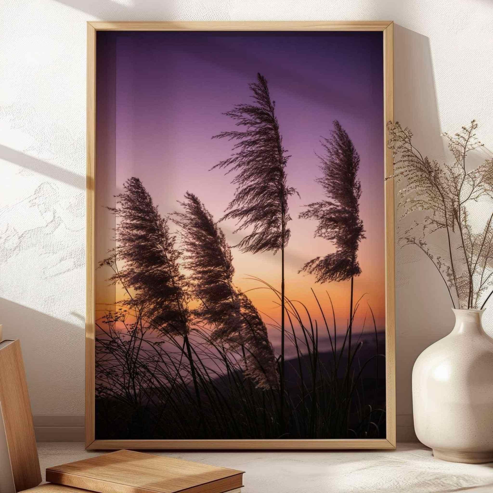 Fine art coastal pampas grass sunset photography by Abigail Diane Photography displayed in a light wood frame against a soft neutral wall. Warm golden light casts gentle shadows across the scene, highlighting the purple, pink, and golden hues of the sunset and creating a serene, nature-inspired atmosphere.