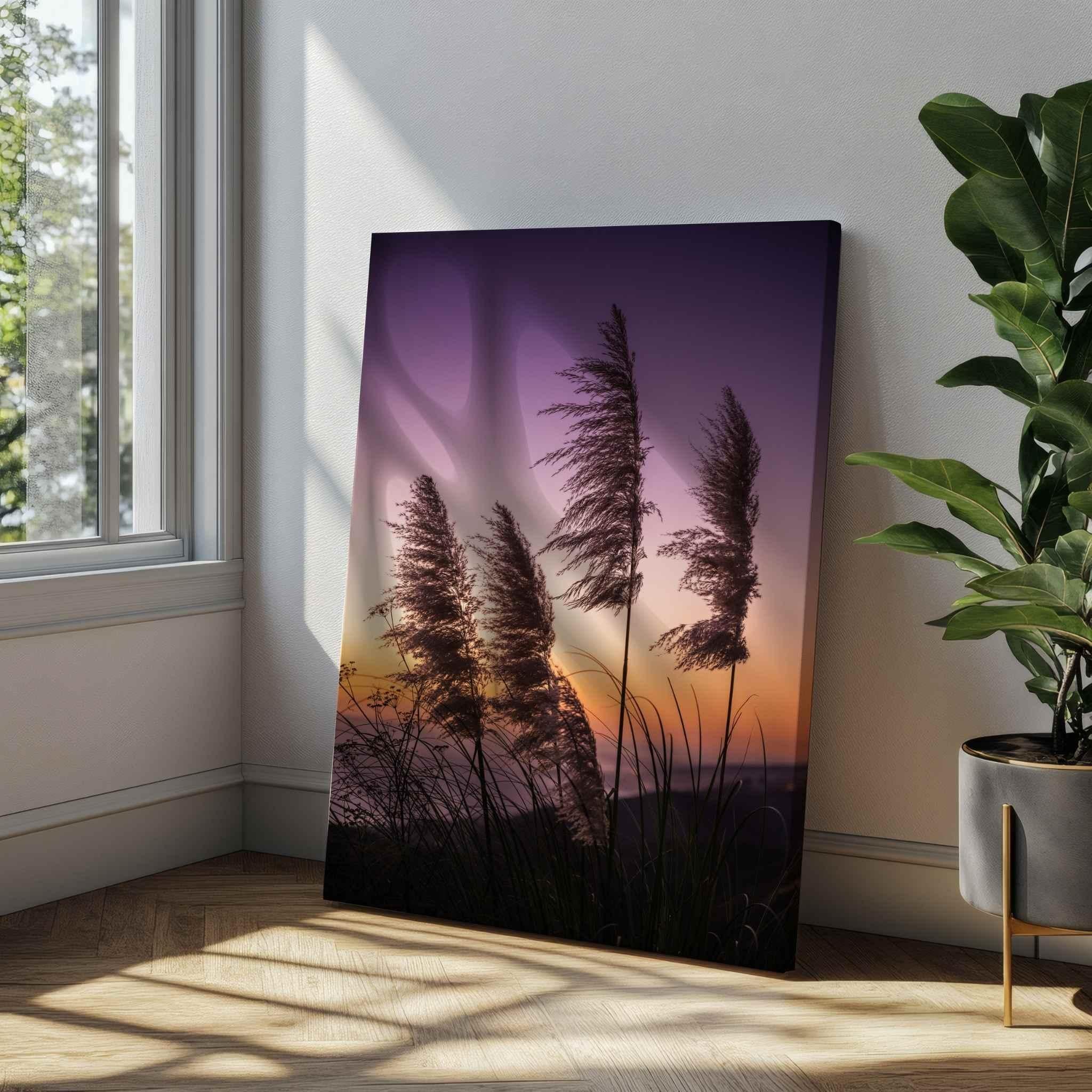 California coastal pampas grass sunset canvas print by Abigail Diane Photography displayed in a modern interior with warm sunlight, natural wood flooring, and lush greenery.
