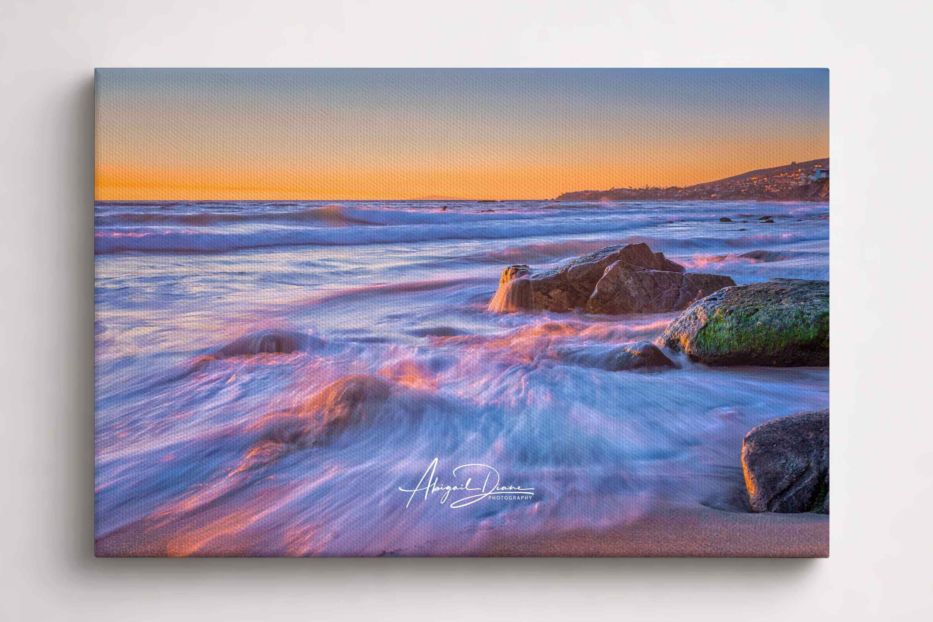 Close-up of Cotton Candy Waves gallery-wrapped canvas corner detail featuring pastel winter sunset waves in Laguna Beach, California by Abigail Diane Photography.
