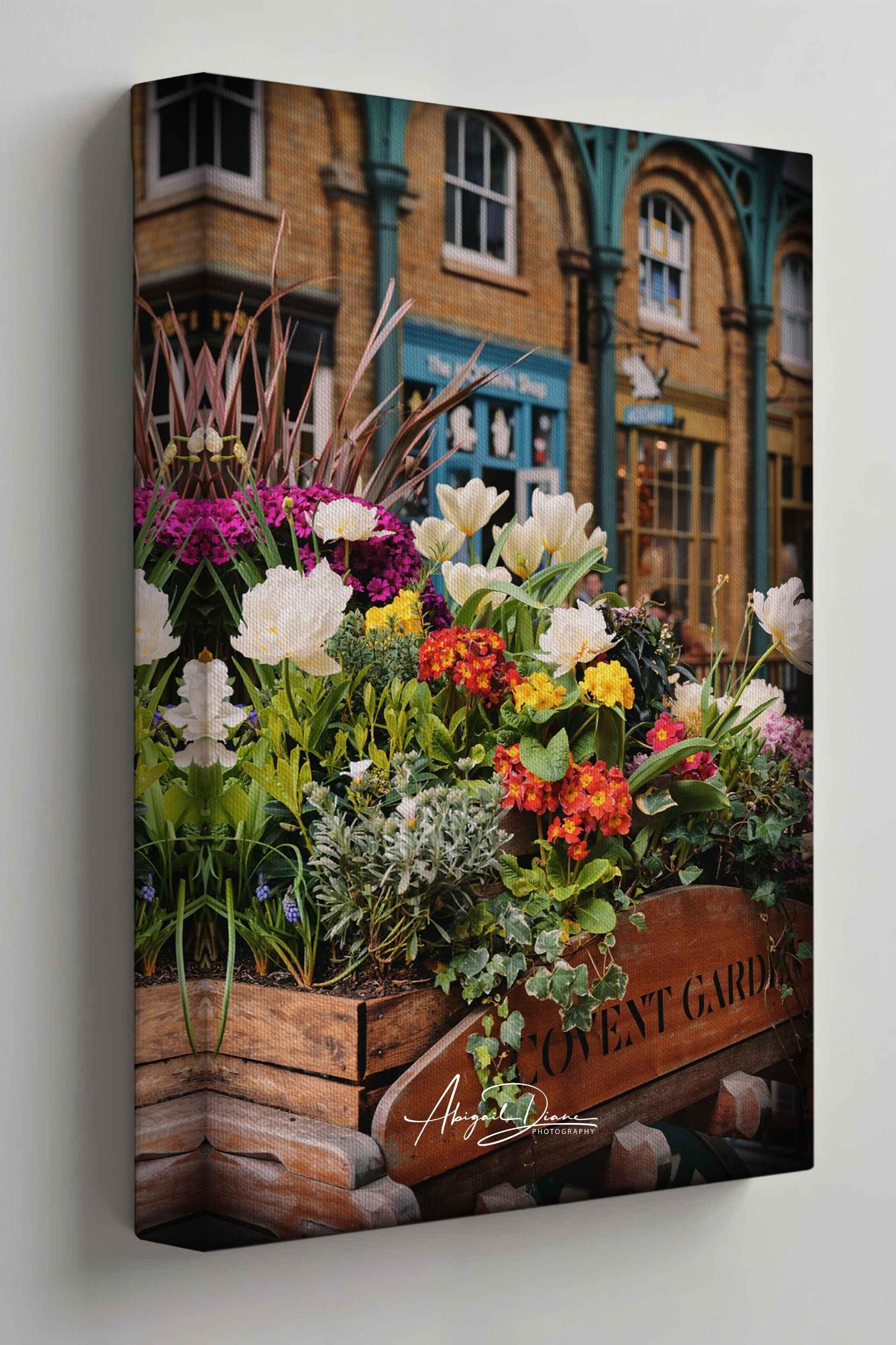 Gallery wrapped canvas print featuring vibrant spring flowers at Covent Garden, London, displayed on a soft warm gallery wall. Colorful botanical street scene with historic architecture, perfect for cottage, English garden, and travel-inspired interiors.