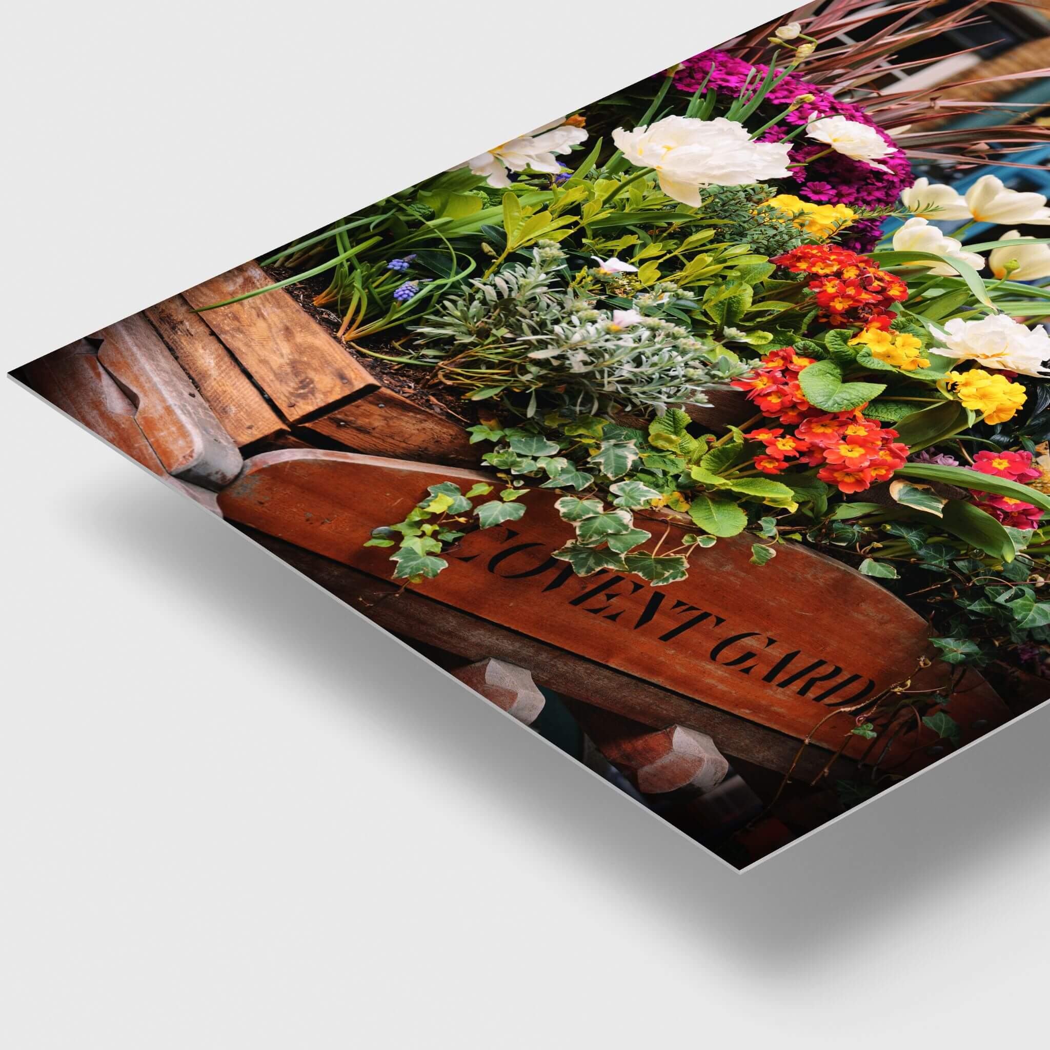 A corner metal print view shown at an angle of Covent Garden in Bloom. The print depicts a close-up floral arrangement with green foliage, white and yellow flowers, and a wooden sign reading Covent Garden.