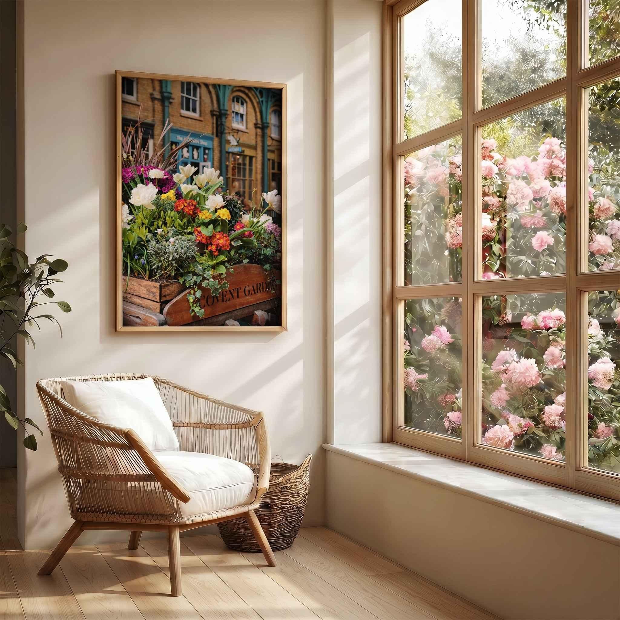 Covent Garden in Bloom by Abigail Diane Photography displayed in a natural oak frame above a wicker chair in a sunlit reading nook, featuring colorful spring flowers and historic London architecture.