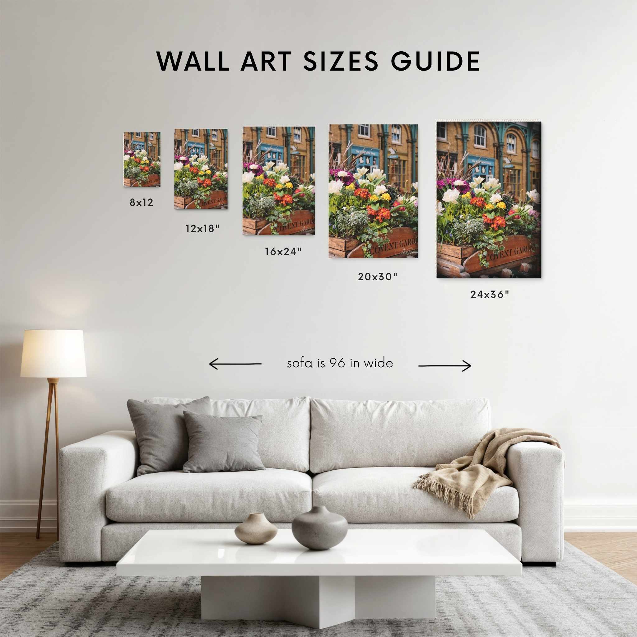Wall art size guide for Covent Garden in Bloom by Abigail Diane Photography showing print sizes 8x12, 12x18, 16x24, 20x30, and 24x36 above a 96-inch sofa for scale.