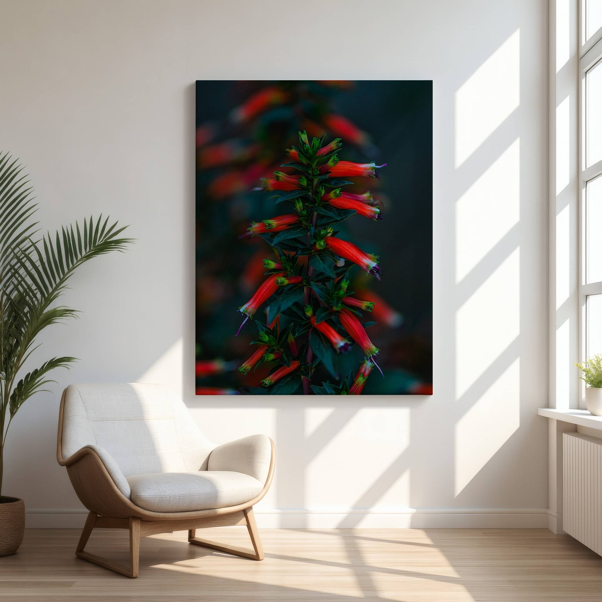 Gallery wrapped canvas featuring Crimson Whispers at Twilight, a dramatic firecracker plant botanical photograph displayed in a bright modern reading room with natural light.