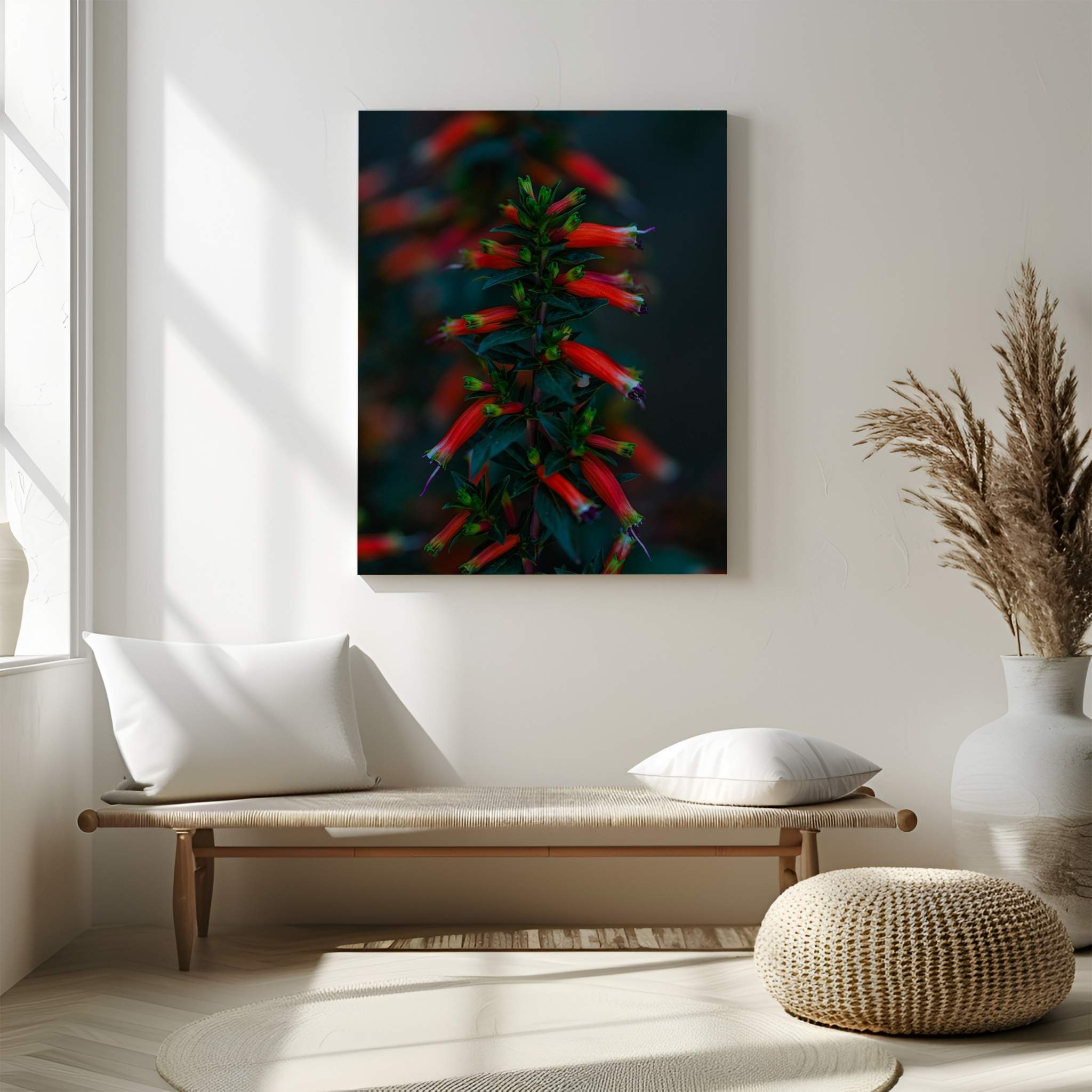 Gallery wrapped canvas featuring Crimson Whispers at Twilight displayed in a warm, minimalist living room with soft natural light, neutral furnishings, and organic textures, showcasing elegant botanical wall art.