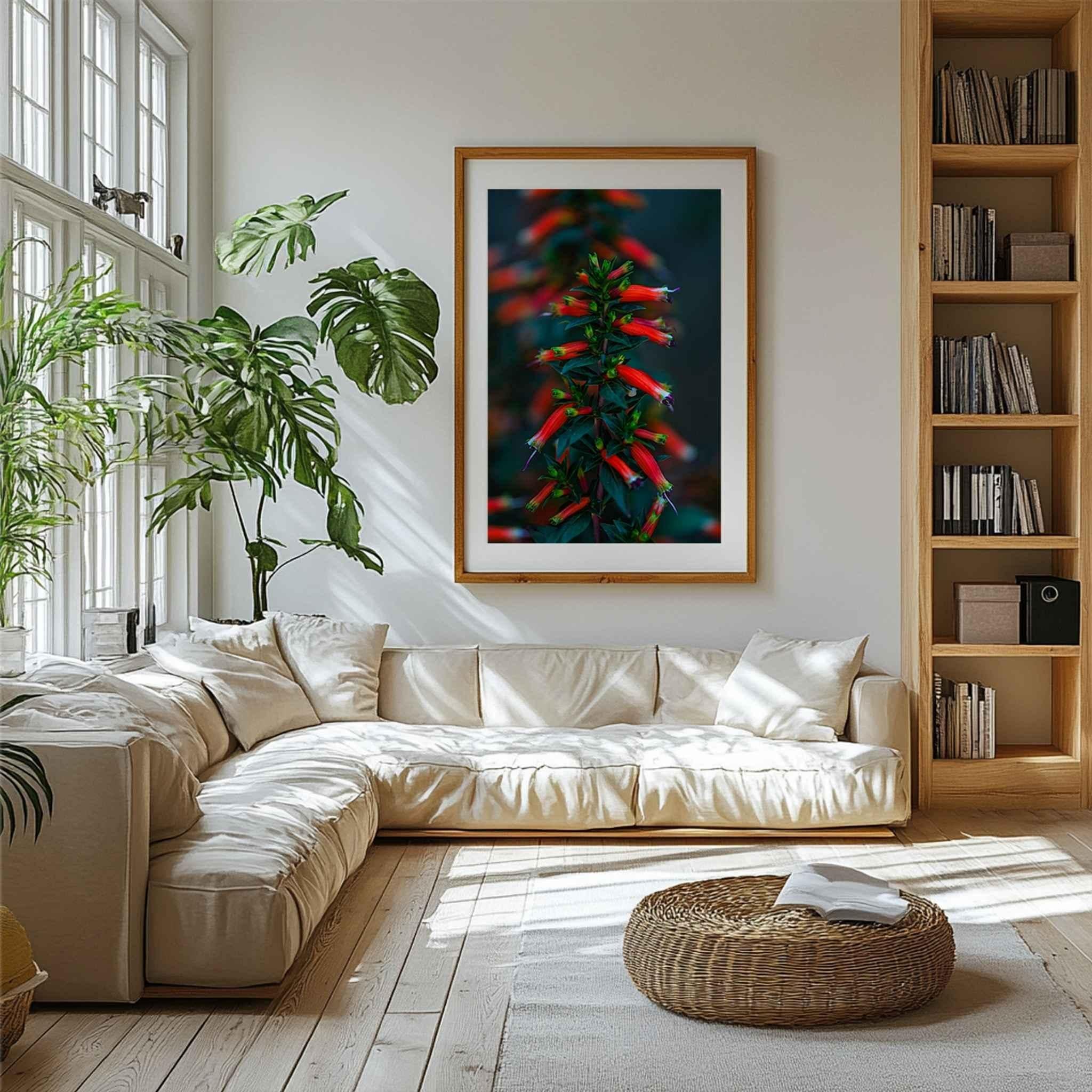 Crimson Whispers at Twilight framed botanical wall art displayed above a cream sectional sofa in a bright contemporary living room with large windows and indoor plants.