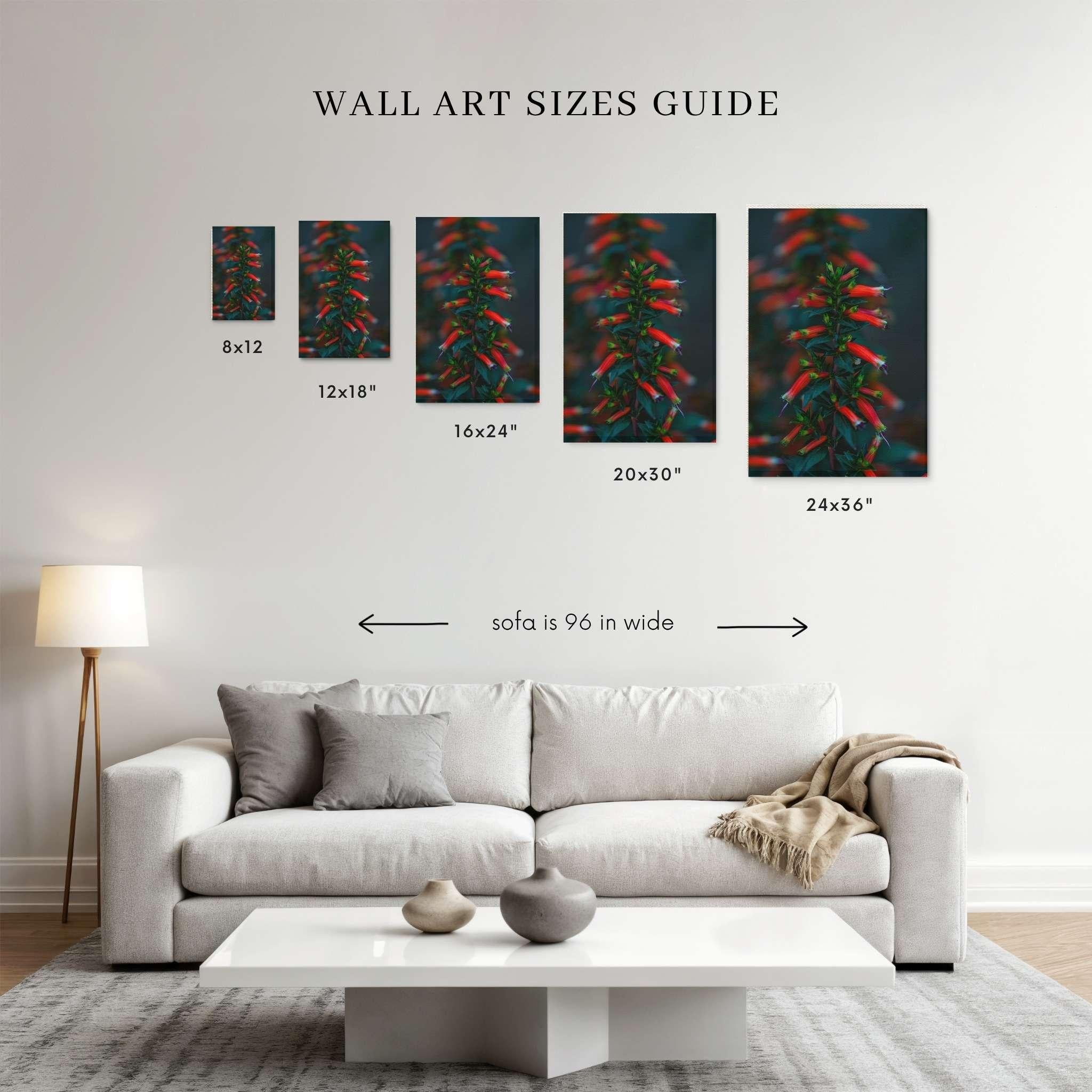 Wall art size guide showing Crimson Whispers at Twilight by Abigail Diane Photography displayed above a 96-inch sofa in sizes 8x12, 12x18, 16x24, 20x30, and 24x36 inches to help visualize print scale.