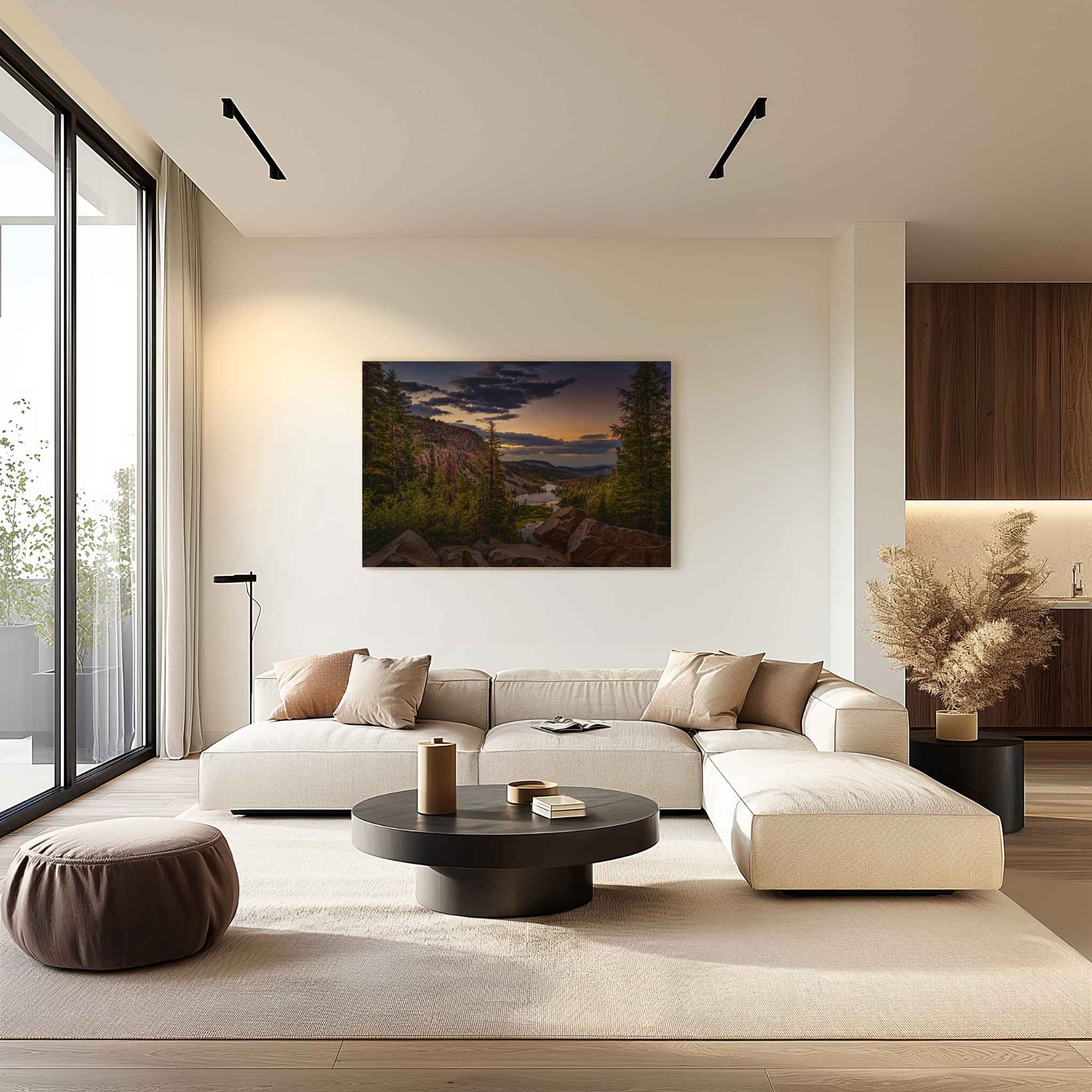 Twin Lakes in the Eastern Sierras California sunset landscape HD metal print featuring a mountain lake and pine forest, displayed above a neutral sofa in a modern living room.