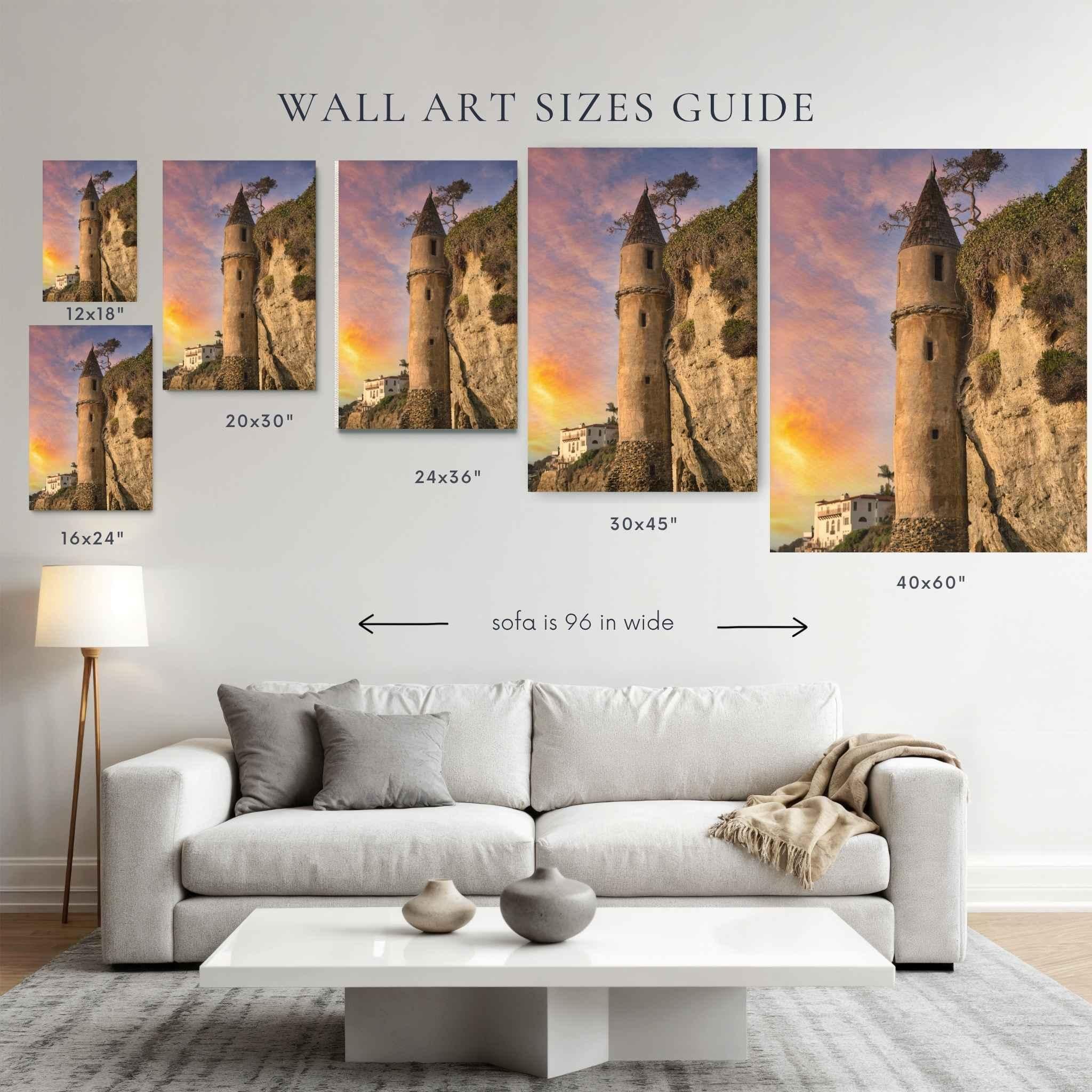 Wall art size guide showing Let Your Hair Down canvas print above a 96-inch sofa in 12x18, 16x24, 20x30, 24x36, 30x45, and 40x60 inch sizes to help visualize artwork scale in a living room.