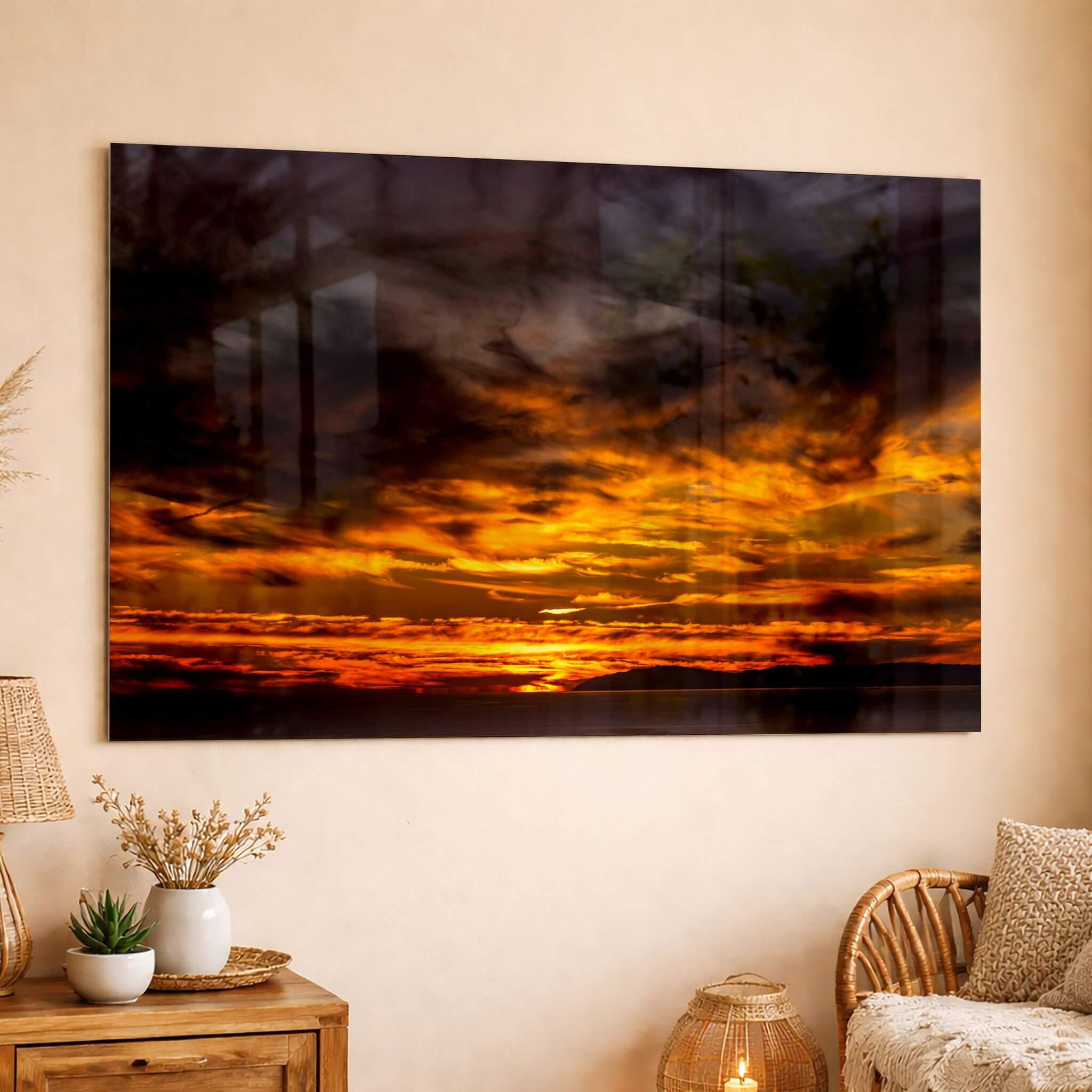 Golden Gleaming Sunset Laguna Beach sunset HD metal wall art displayed above a wooden console in a warm contemporary living room with natural décor.