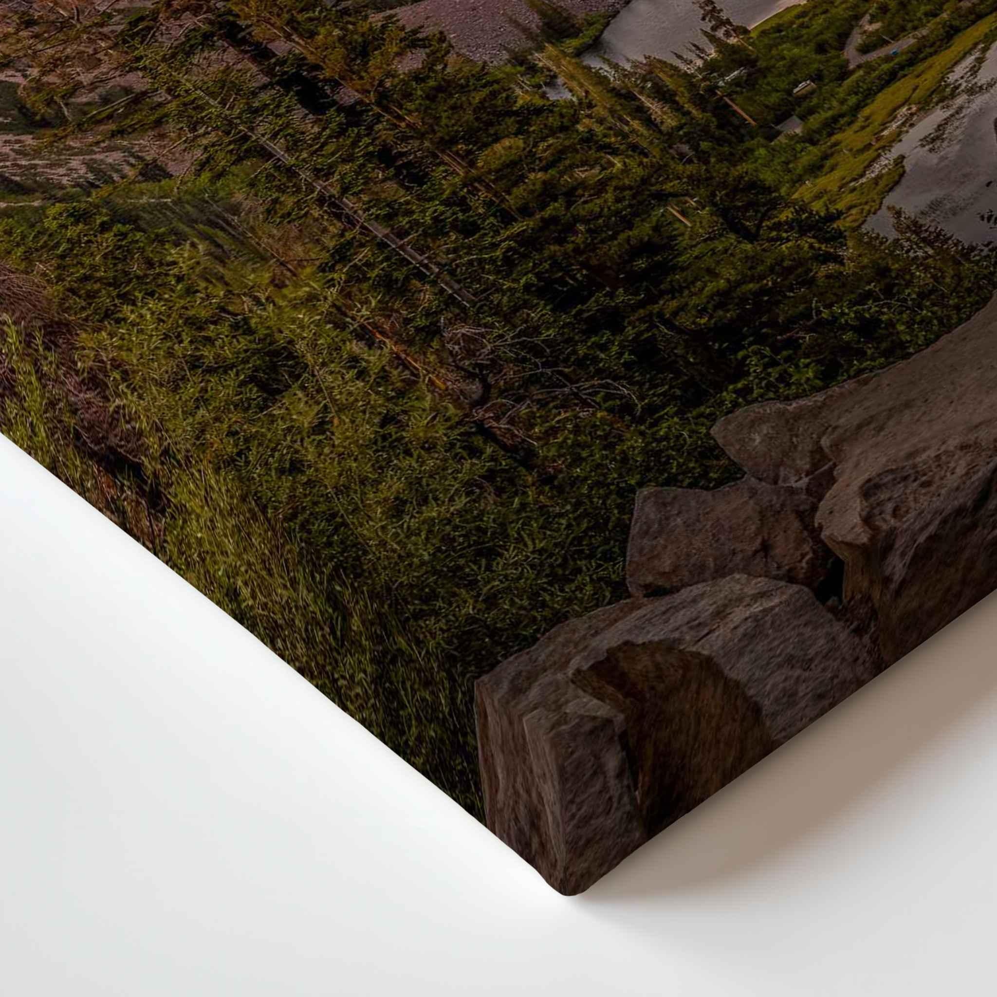Close-up corner detail of Golden Hour Above Twin Lakes canvas print, showing the gallery-wrapped edge and mountain landscape of Twin Lakes in Mammoth Lakes, California.