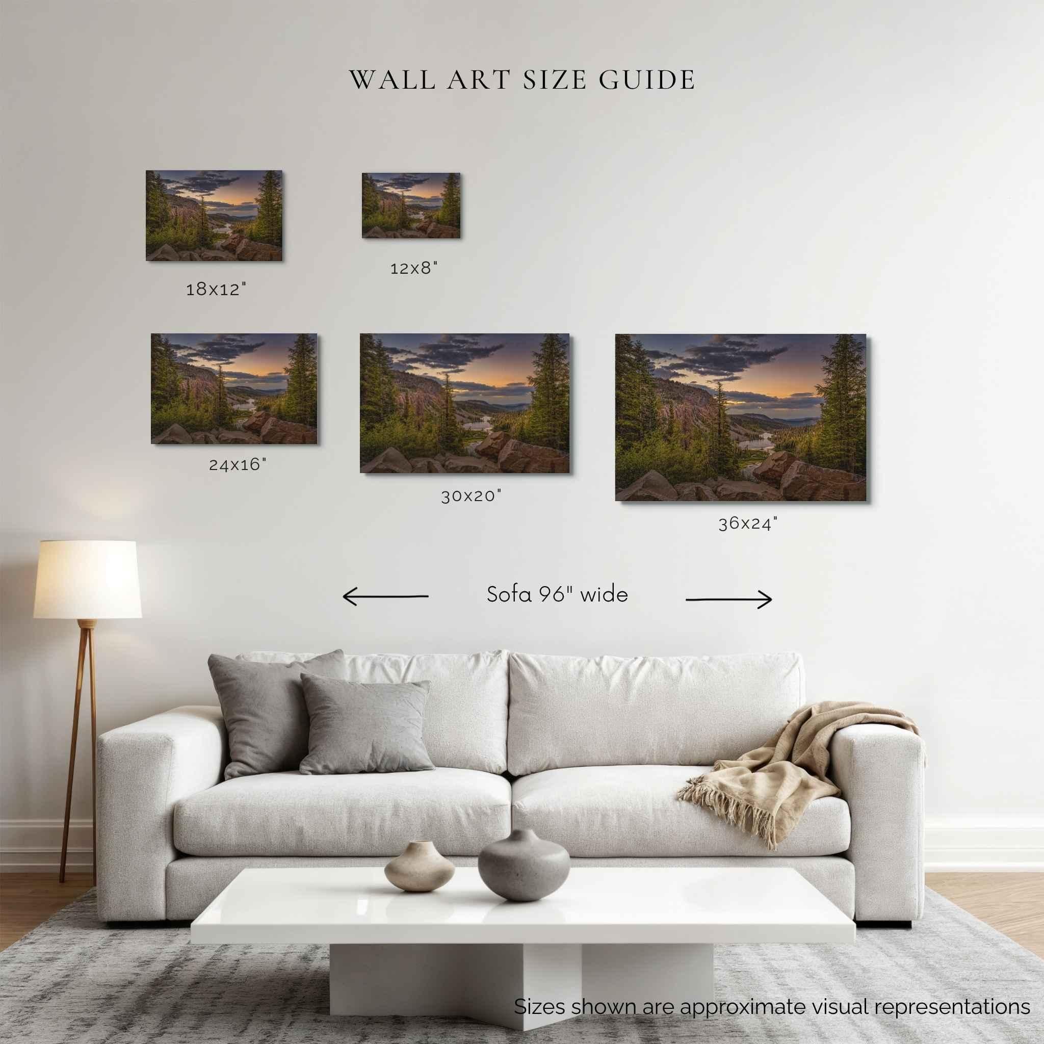 Wall art size guide for Golden Hour Above Twin Lakes fine art print, showing 12x8, 18x12, 24x16, 30x20 and 36x24 inch sizes above a 96-inch sofa.