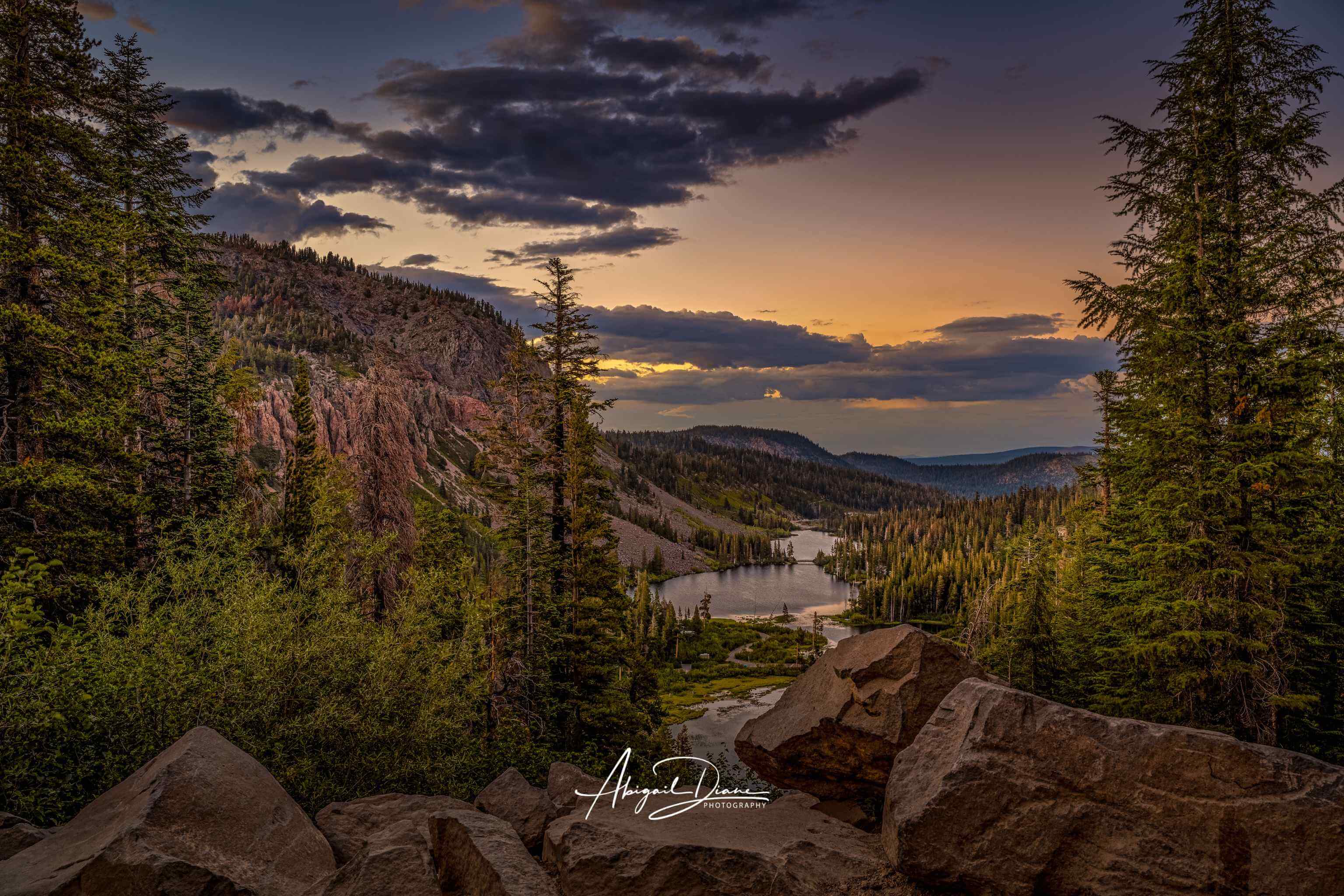 Golden Hour Above Twin Lakes in Mammoth Lakes, California, with warm sunset light over the Eastern Sierra mountains and alpine lakes – Abigail Diane Photography.