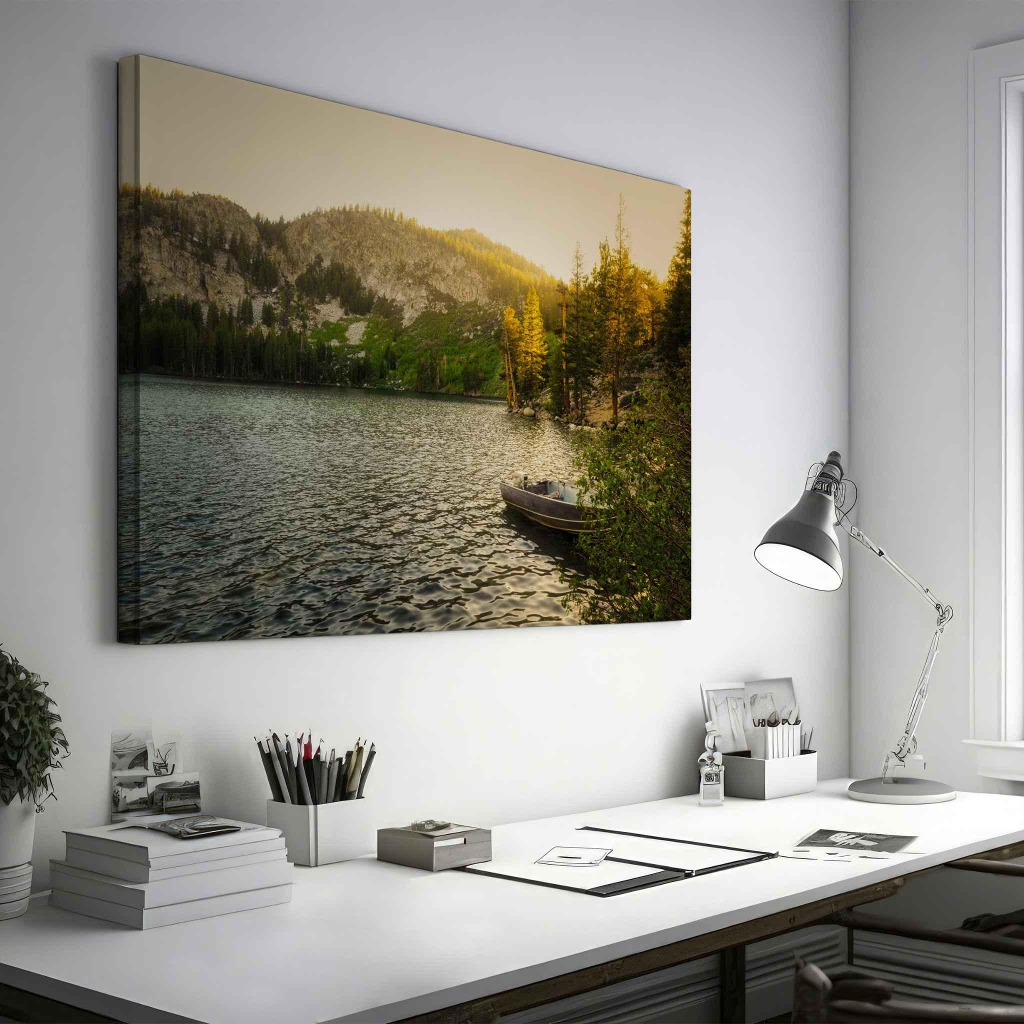 Golden Hour Alpine Lake canvas wall art of Lake George in the Eastern Sierra displayed above a desk in a contemporary home office.