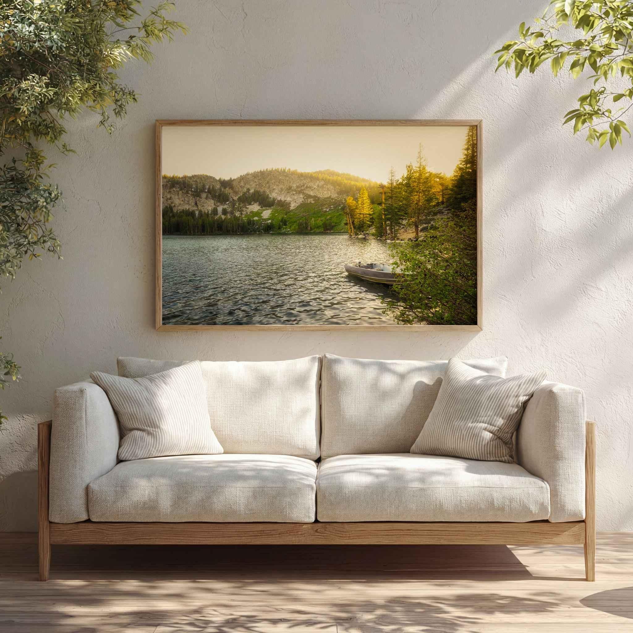 Golden Hour Alpine Lake at Lake George in California’s Eastern Sierra displayed as framed fine art above a cream sofa in a warm nature-inspired living room.