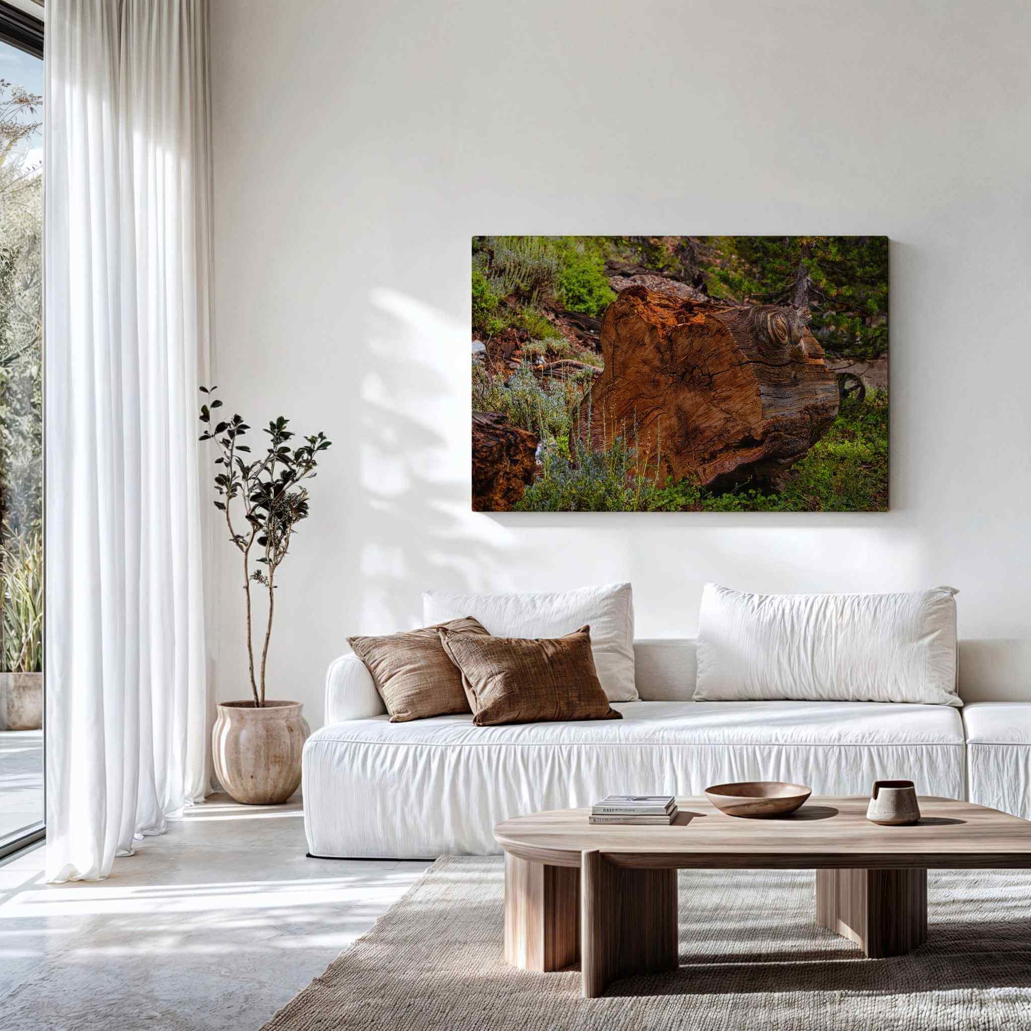 Large gallery-wrapped canvas wall art featuring Knots of Time, a weathered tree stump in Mammoth Lakes, California, displayed above a white sofa in a modern neutral living room by Abigail Diane Photography.