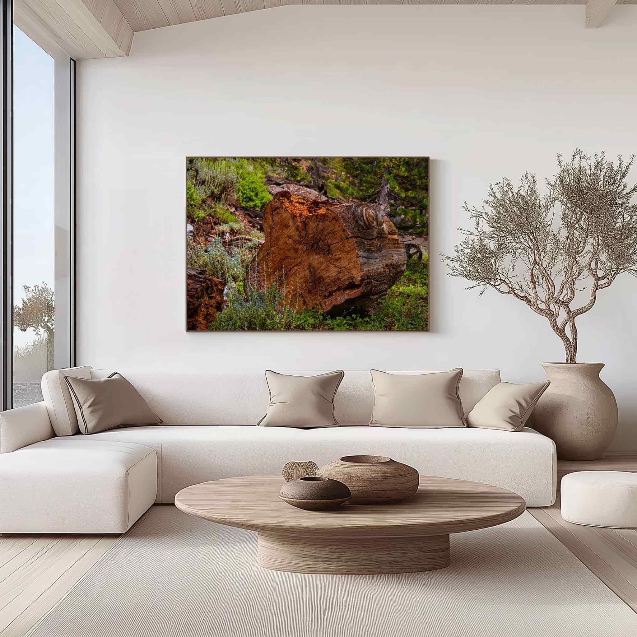 Large gallery-wrapped canvas of Knots of Time, showcasing a weathered tree stump in Mammoth Lakes, California, displayed above a cream sectional sofa in a bright modern living room with natural wood accents and neutral décor by Abigail Diane Photography.