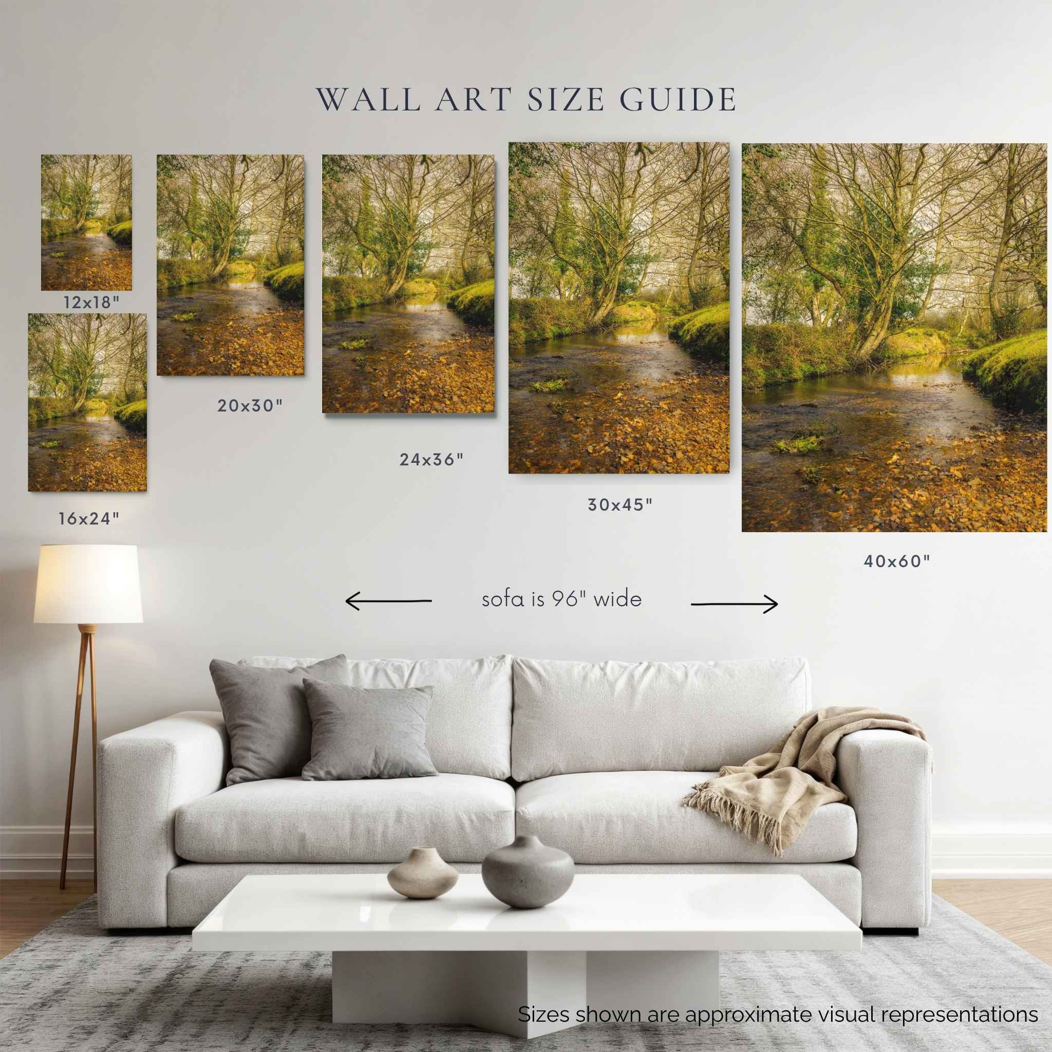 Close-up of the gallery-wrapped canvas corner for lazy creek in the new forest showcasing the wrapped edge and premium canvas print quality of the South Downs National Park artwork by Abigail Diane Photography.