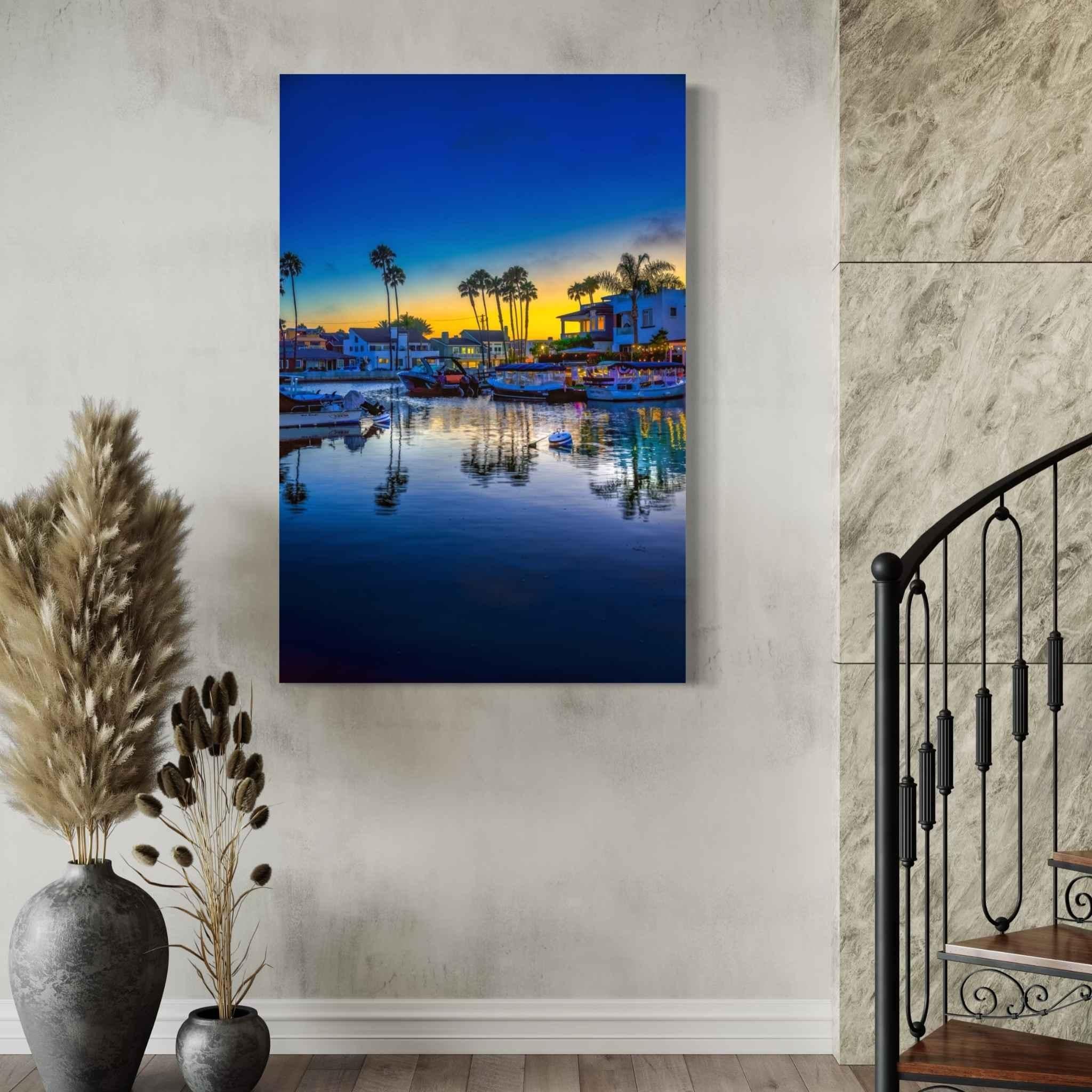 Magic of the Blue Hour canvas print featuring Newport Beach Harbor at blue hour, displayed in a contemporary interior beside a staircase.