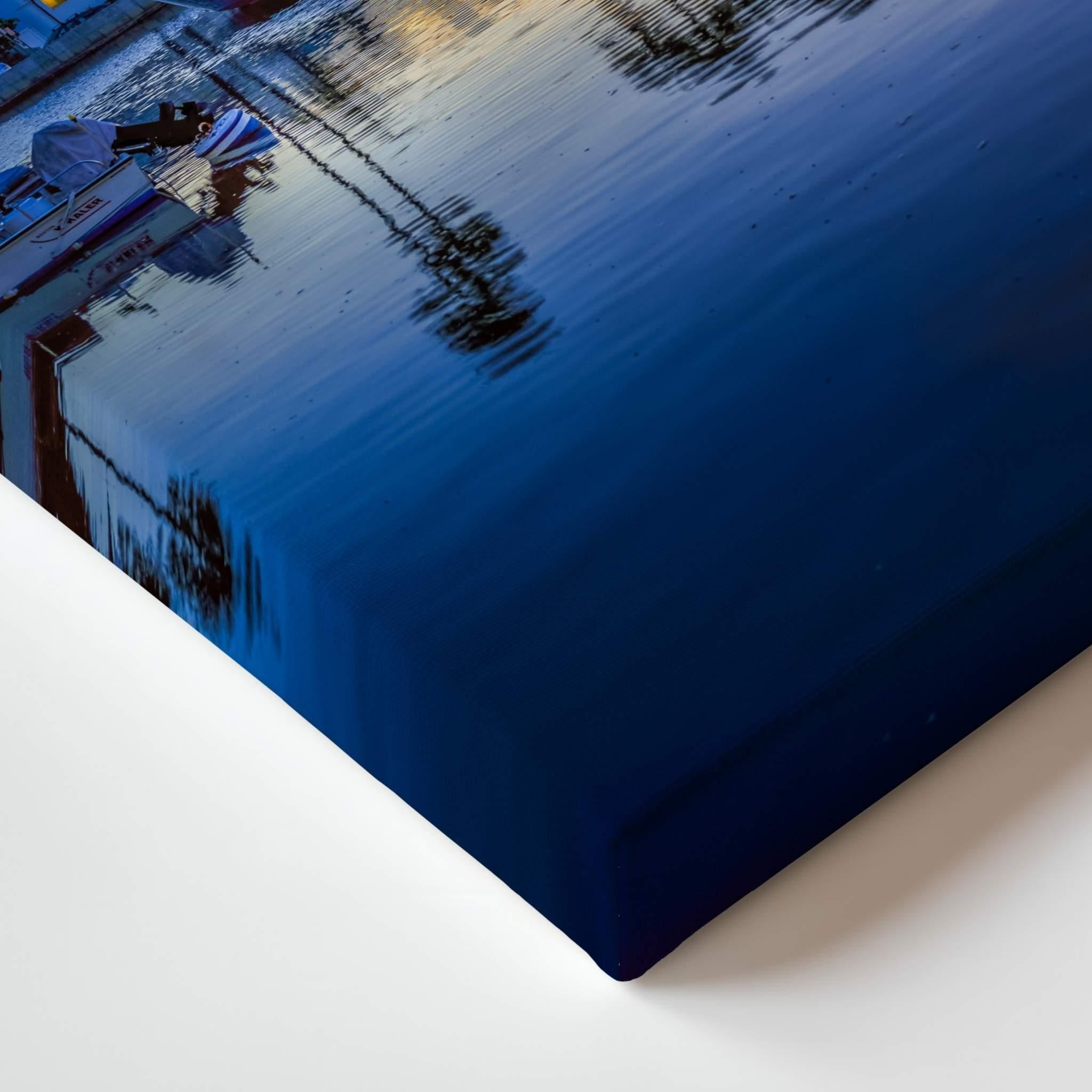 Close-up of the premium gallery wrapped canvas corner for Magic of the Blue Hour by Abigail Diane Photography, showcasing museum-quality canvas, archival printing, and wrapped edges.