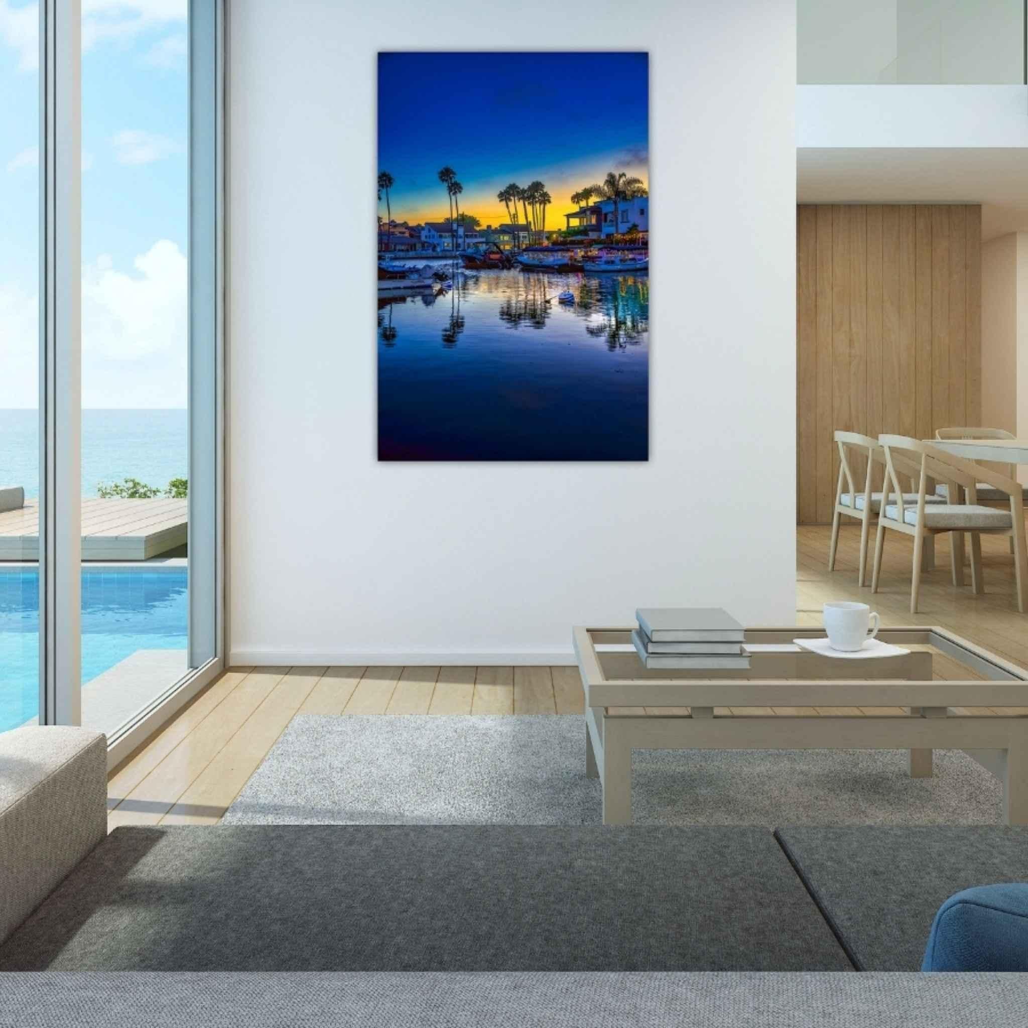Magic of the Blue Hour by Abigail Diane Photography displayed as a gallery wrapped canvas in a modern coastal living room with ocean views and natural light.