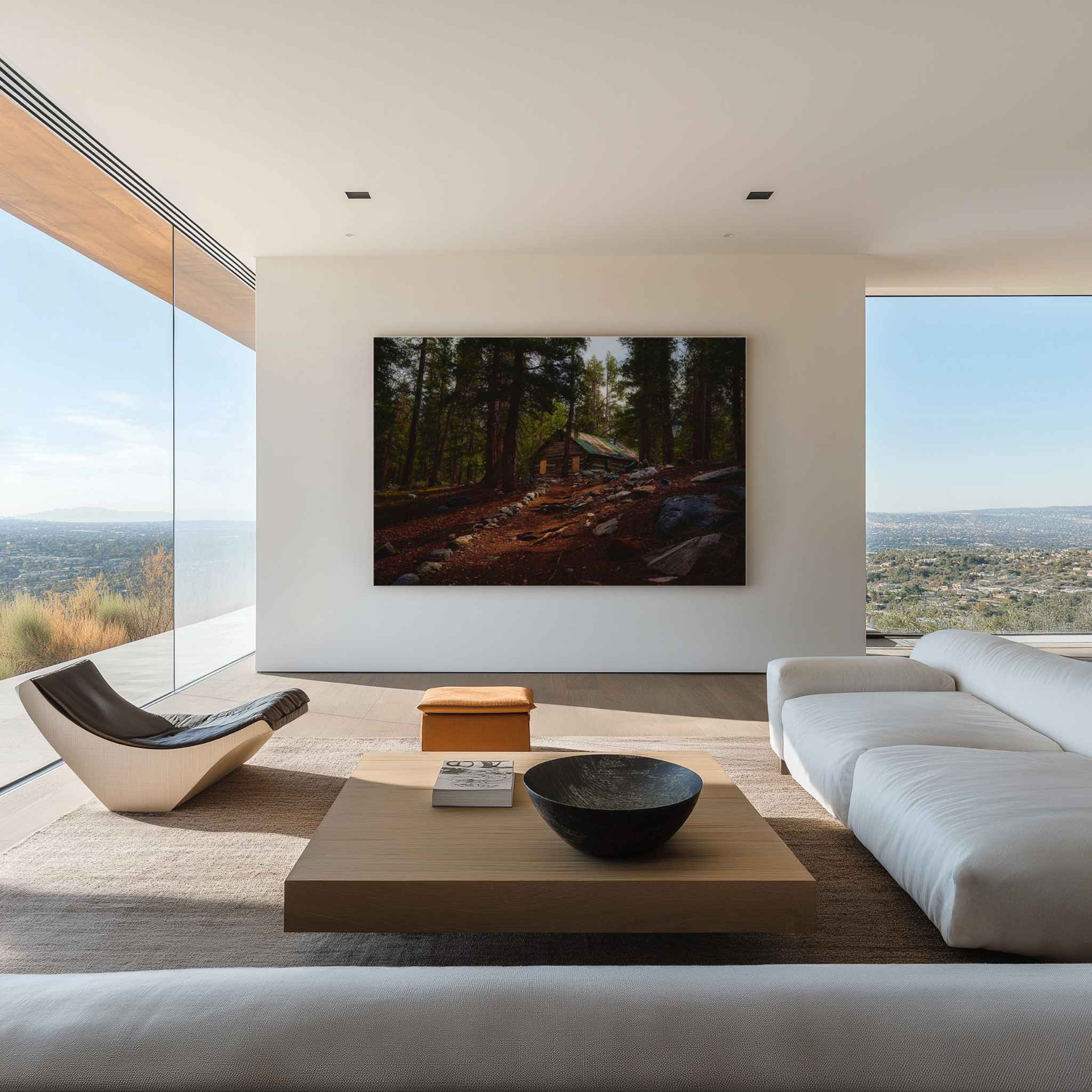 Mahan Cabin Eastern Sierras HD metal print featuring a historic miners cabin surrounded by pine forest, displayed in a luxury modern living room.