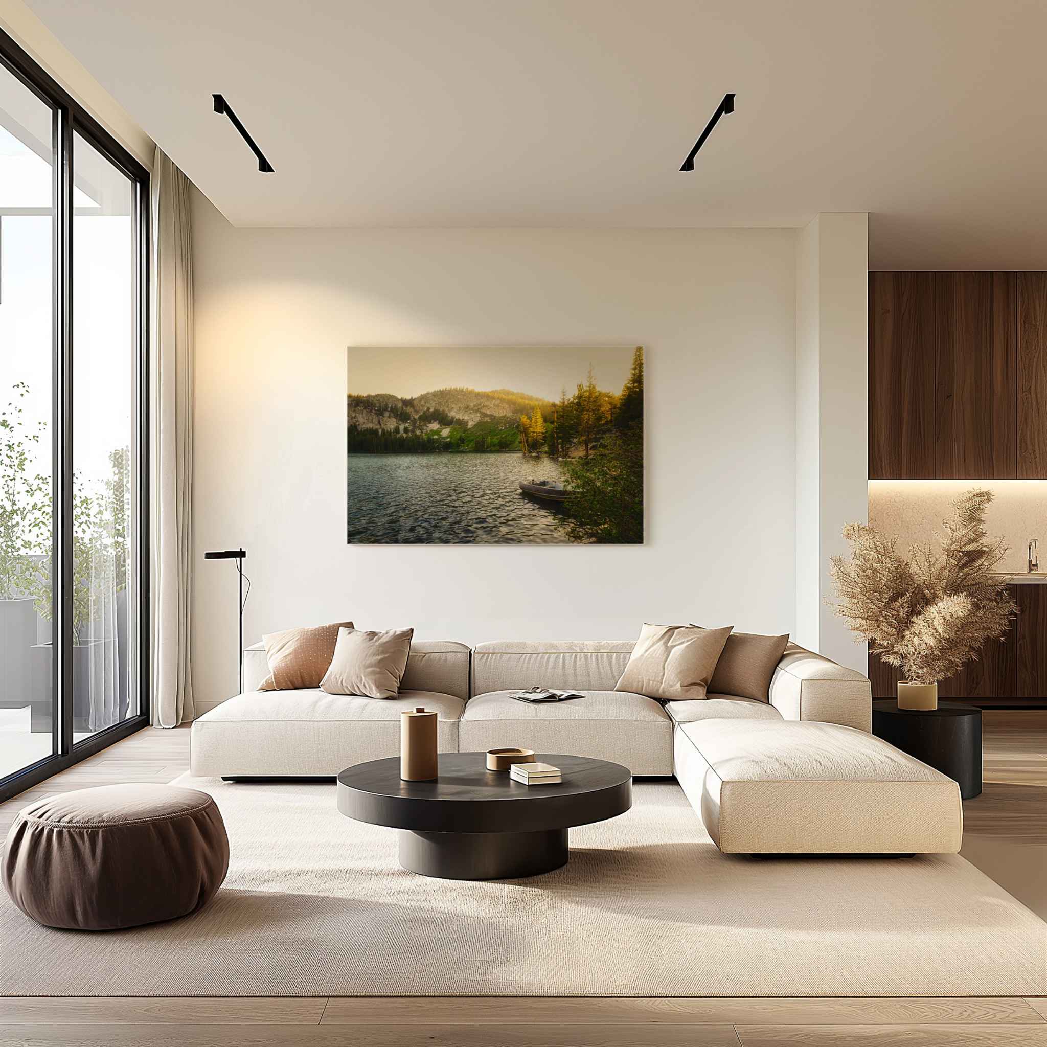 Mammoth Lakes alpine lake HD metal print with golden evening light, pine trees and a small boat, displayed above a neutral sofa in a modern living room.