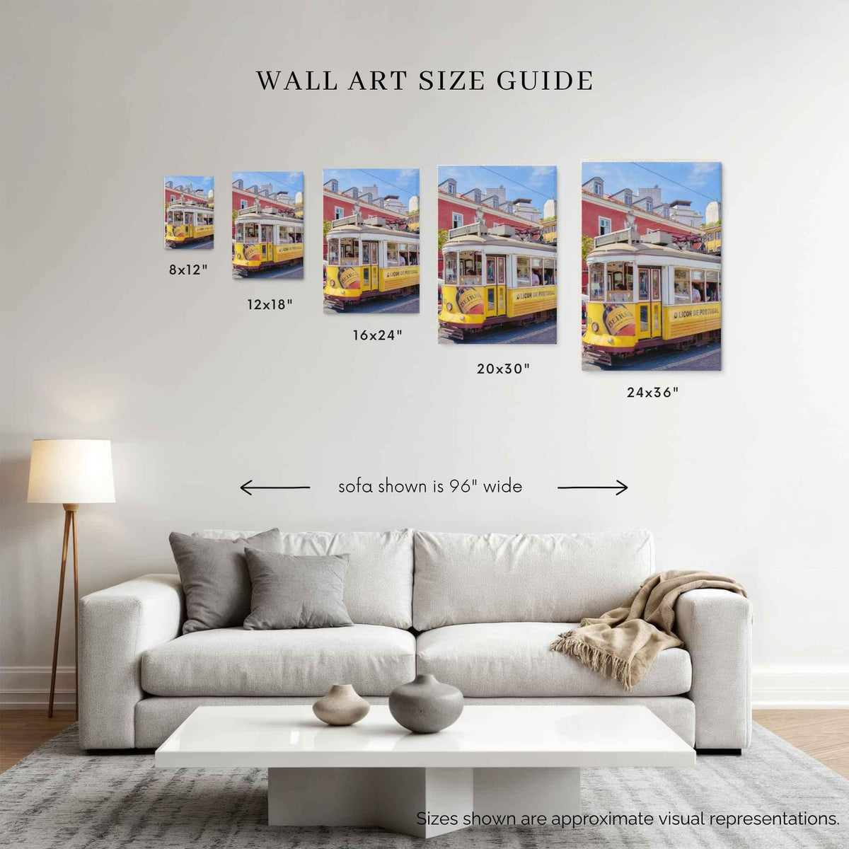 Riding Through Lisboa fine art print wall art size guide showing 8x12, 12x18, 16x24, 20x30 and 24x36 print sizes above a sofa