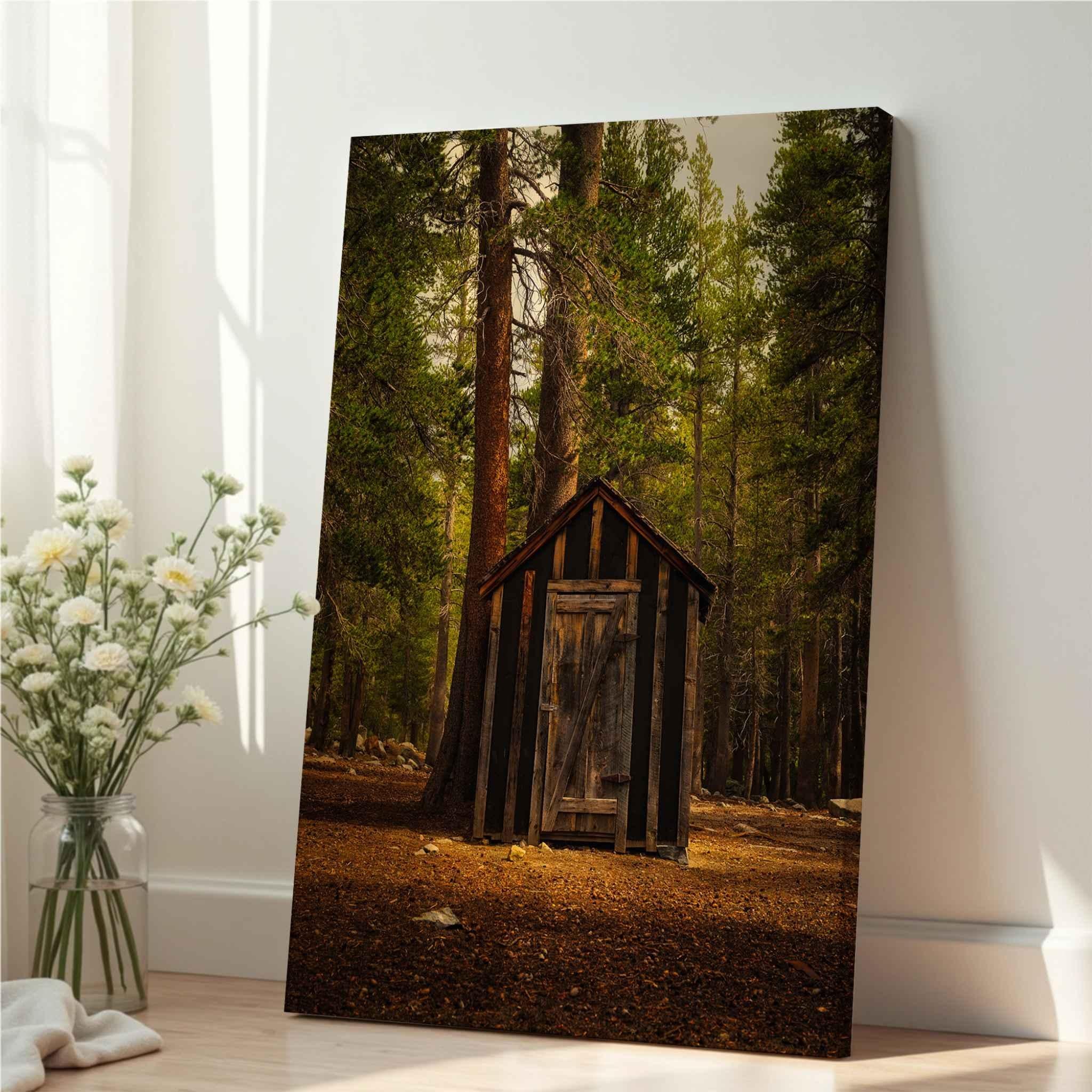 Rustic Remnant Among the Trees canvas wall art featuring a historic structure among the pines of Mammoth Lakes, California.