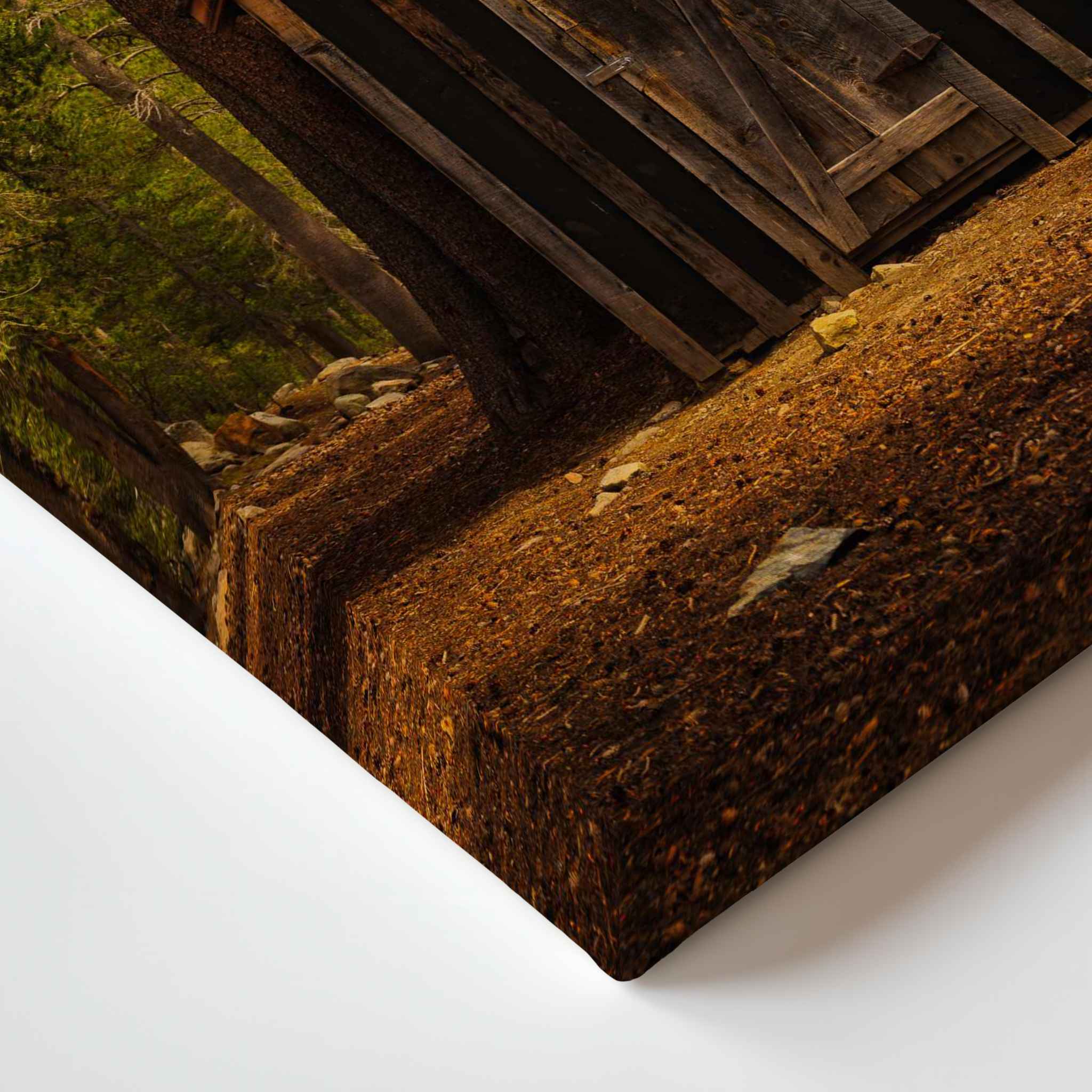 Close-up corner detail of Rustic Remnant Among the Trees canvas print, showing the gallery-wrapped edge and rustic wooden outhouse surrounded by forest in Mammoth Lakes, California.